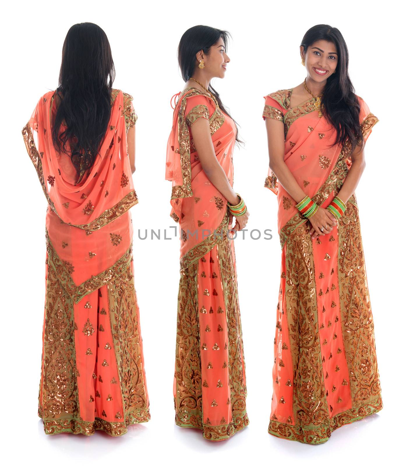 Full body traditional Indian woman in sari costume different angle front, side and rear view standing isolated on white background.