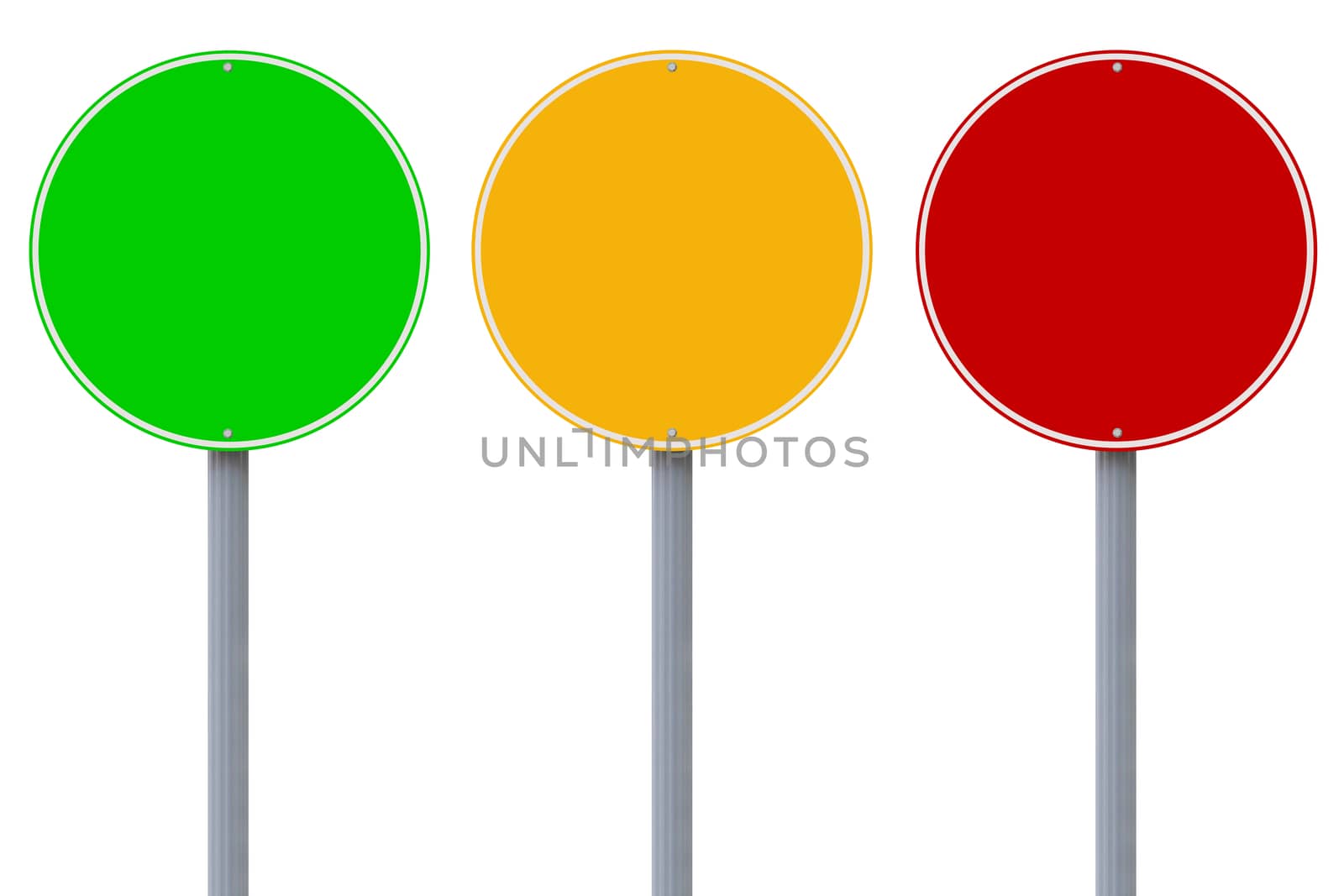 Three blank colorful road signs