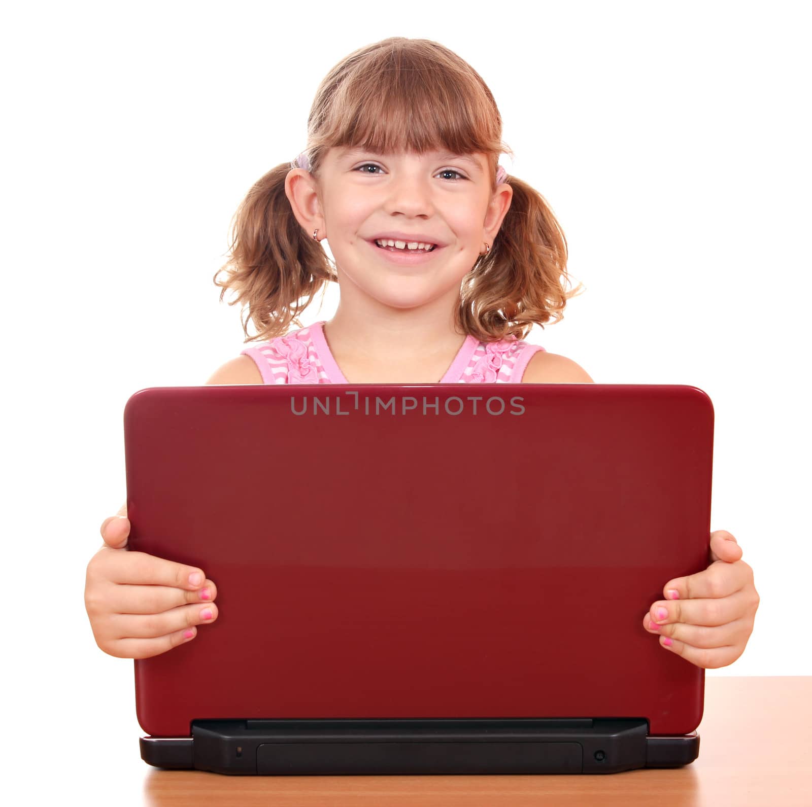 happy little girl with laptop by goce
