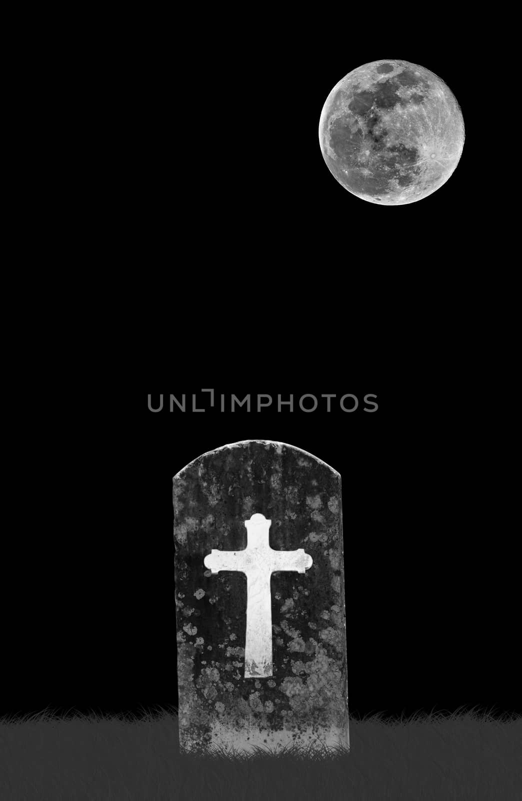 spooky grave and full moon at night 