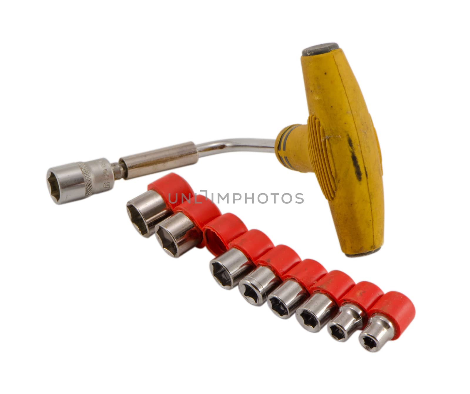 universal tool kit, demountable wrench tommy spanner heads with plastic handle isolated on white background.