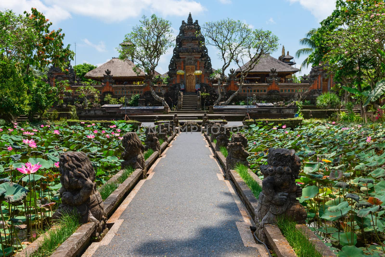 Balinese temple Pura Saraswati in Ubud with lotus flowers in ponds in front