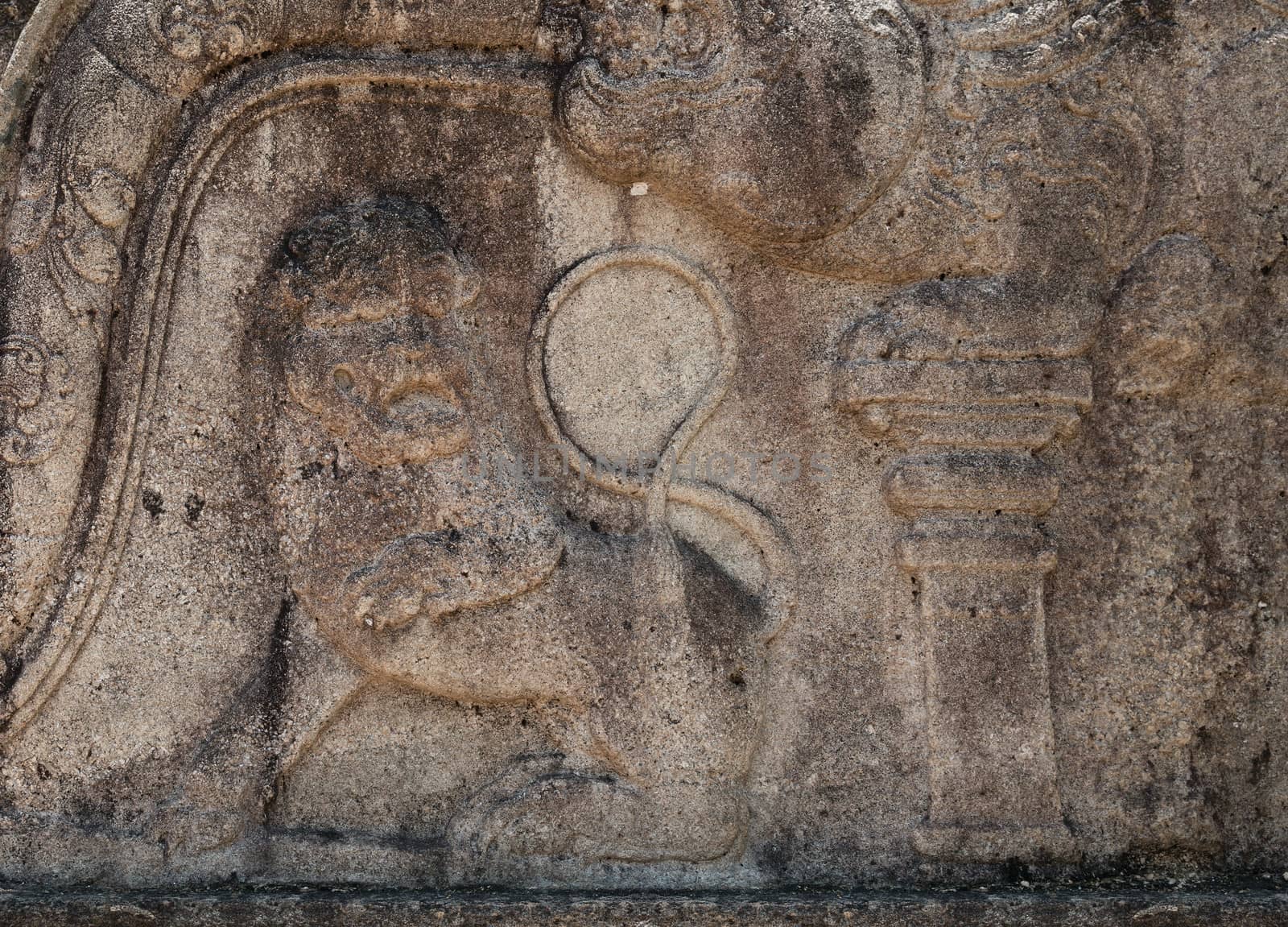 Lion stone carving on temple ruins in ancient city of Polonnaruwa, Sri Lanka 