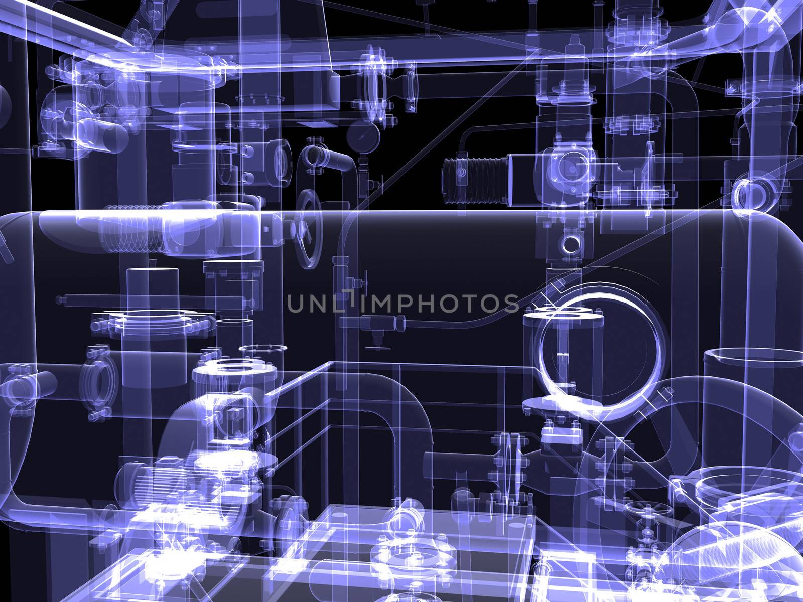 Industrial equipment. X-Ray render isolated on a black background