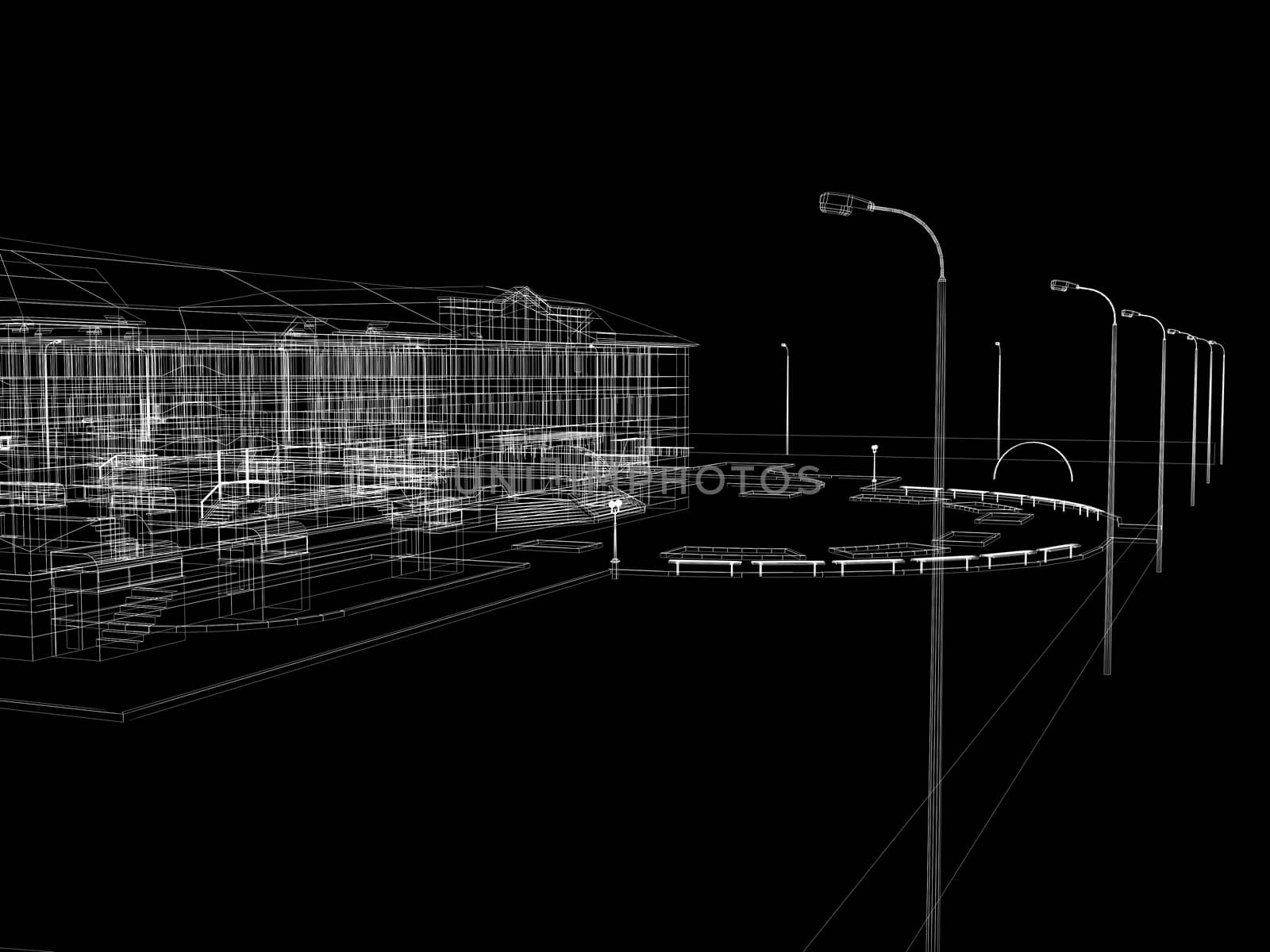 Abstract archticture. Wire-frame render on black background