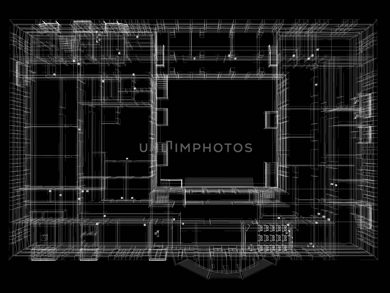 Abstract archticture. Wire-frame render on black background