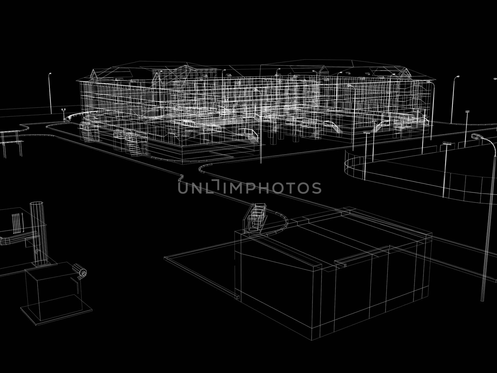 Abstract archticture. Wire-frame render on black background