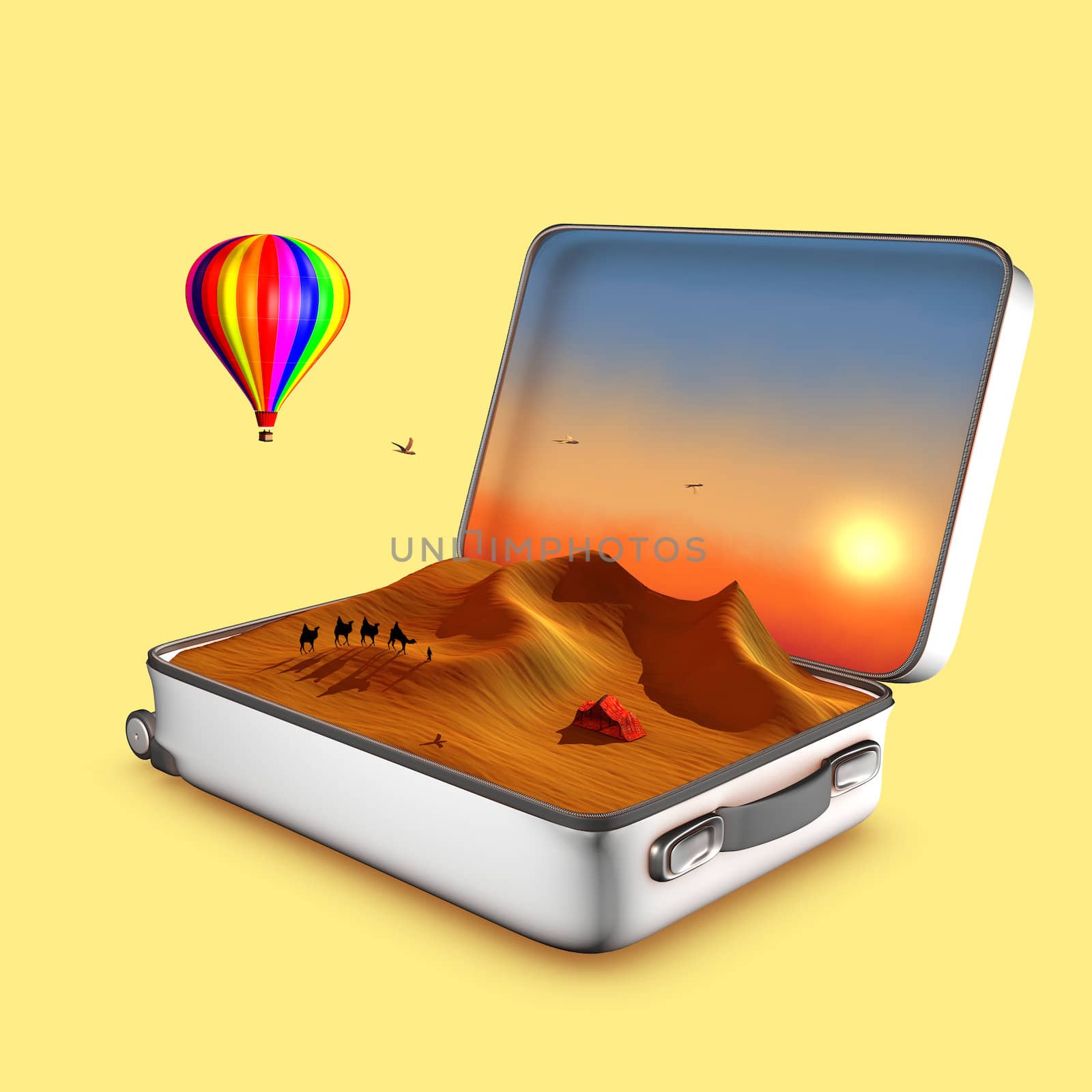 Open suitcase that shows dunes, touareg, tent, camels, a hot air balloon and a sunset.This is an invitation to travel. 3D illustration concept.