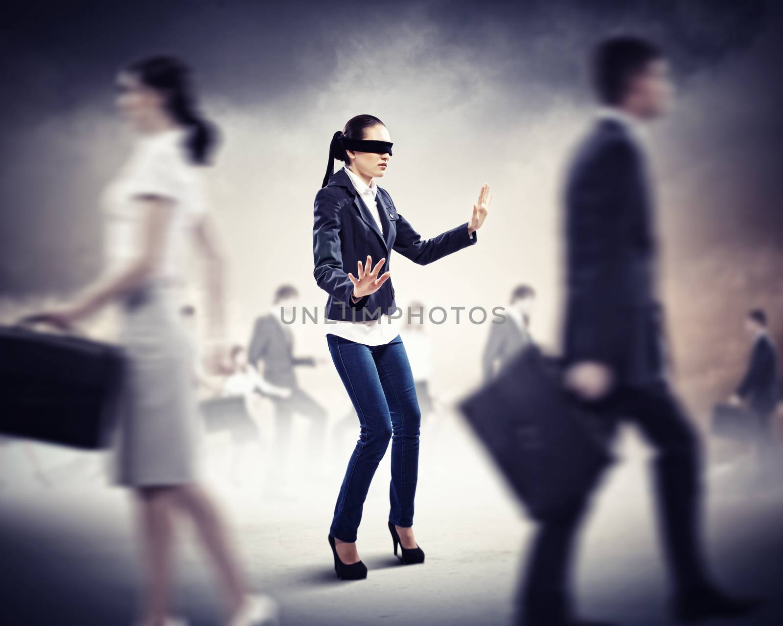Businesswoman in blindfold among group of people by sergey_nivens