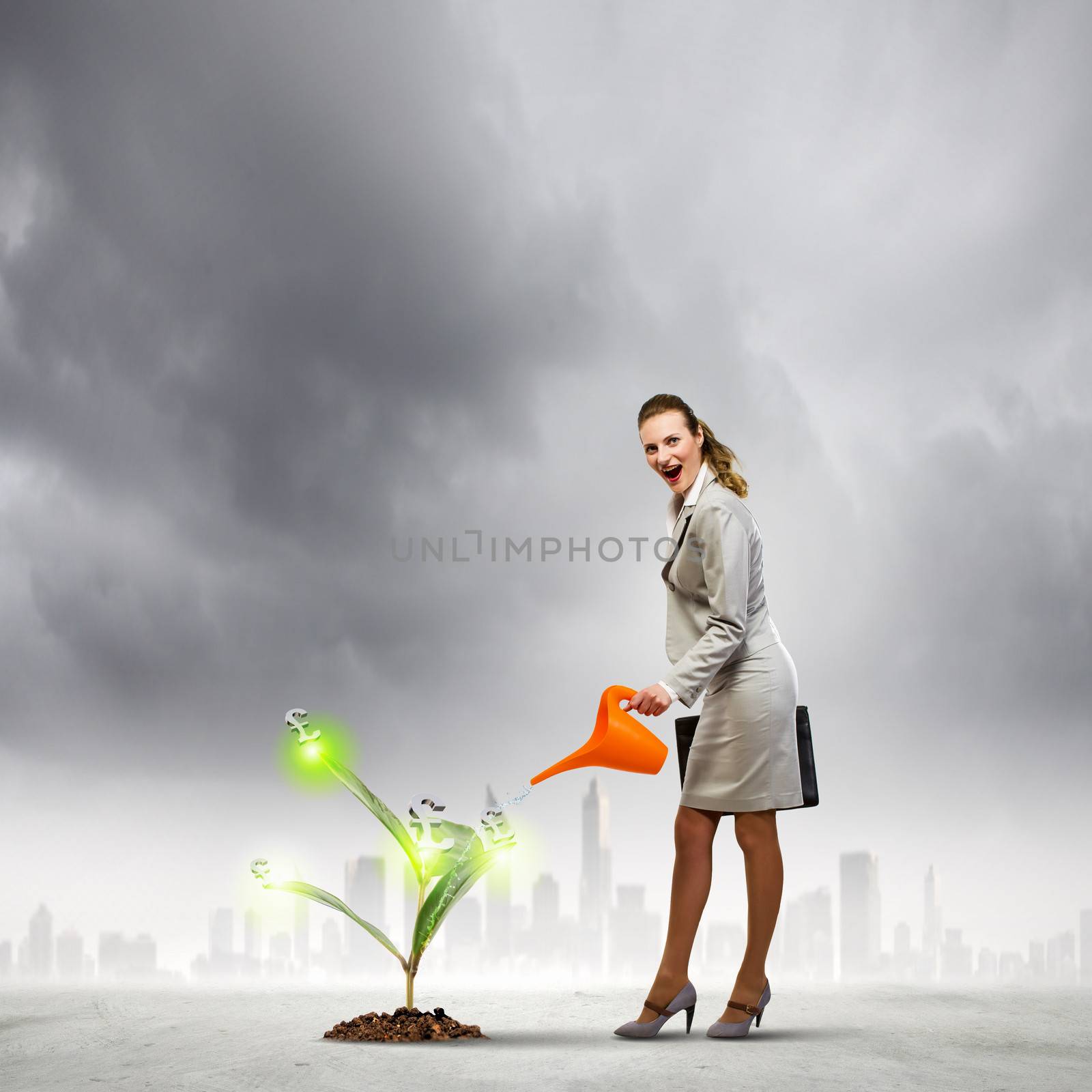 Image of business woman watering money tree. Currency concept