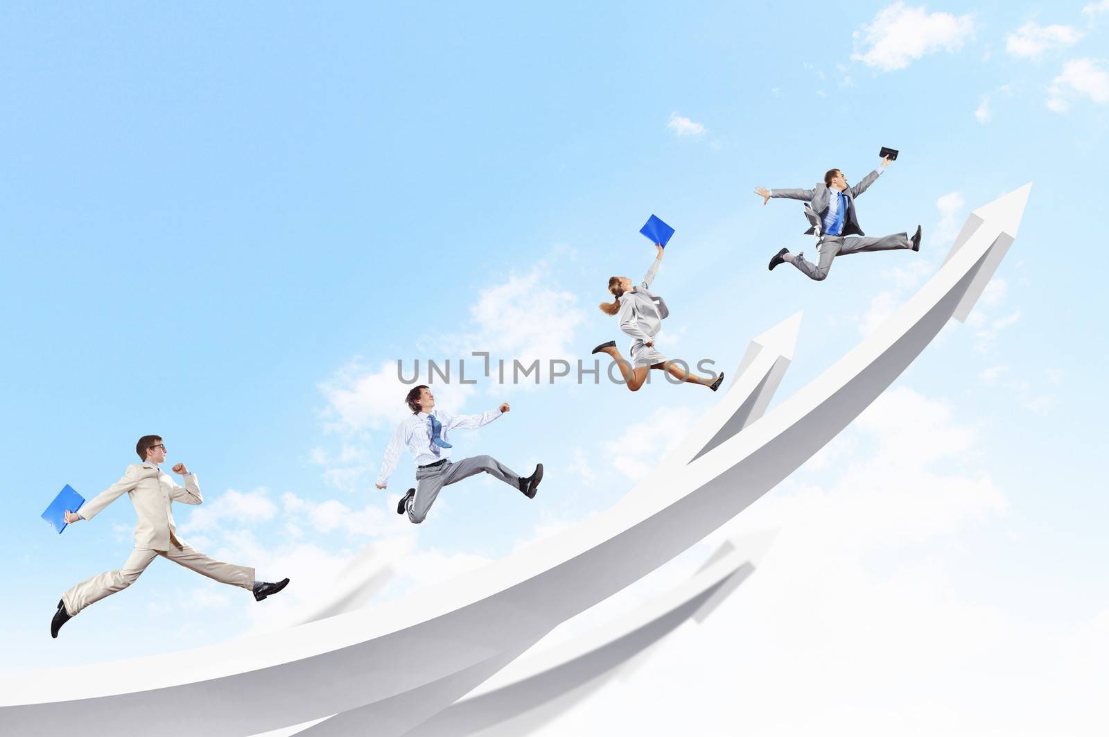 Young businesspeople jumping on white arrows. Growth concept