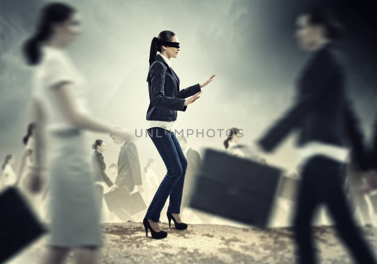 Businesswoman in blindfold among group of people by sergey_nivens