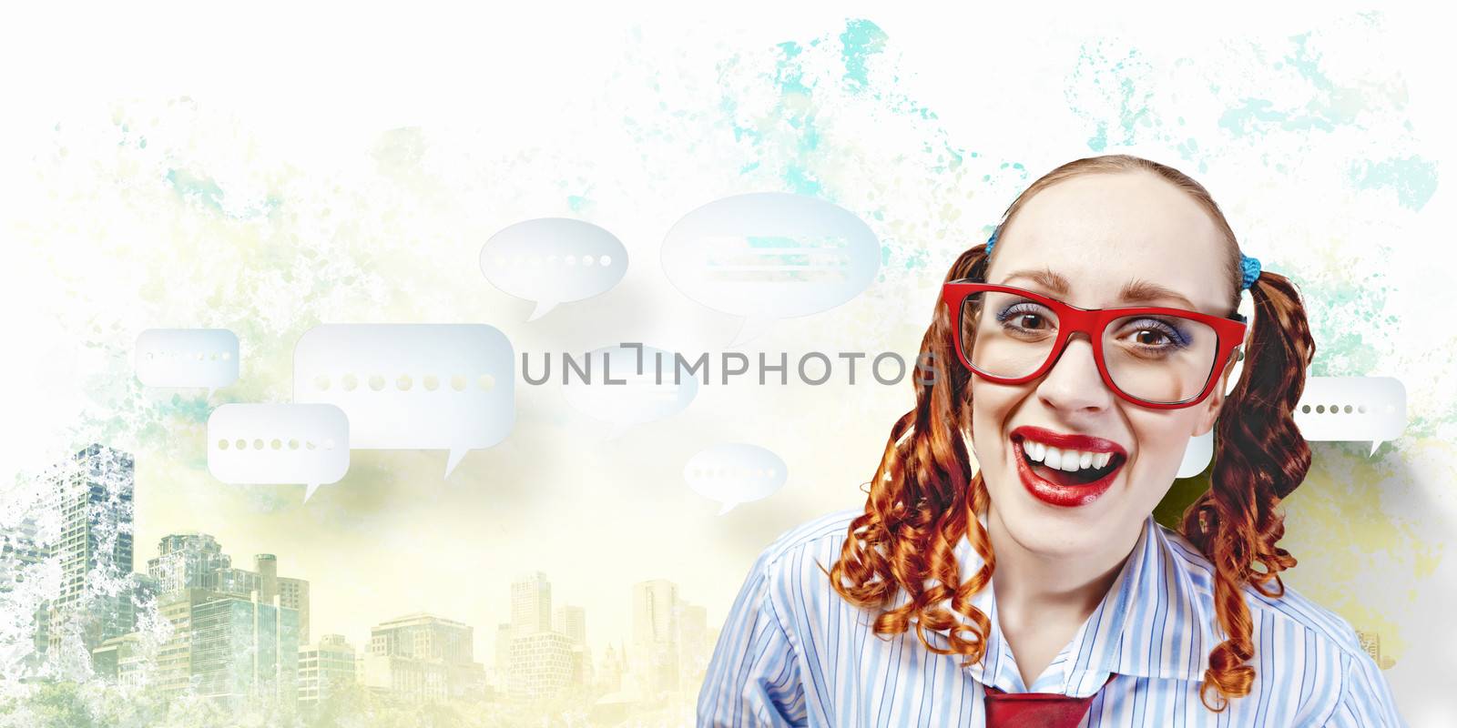 Funny looking red-hair woman with glasses staring at camera