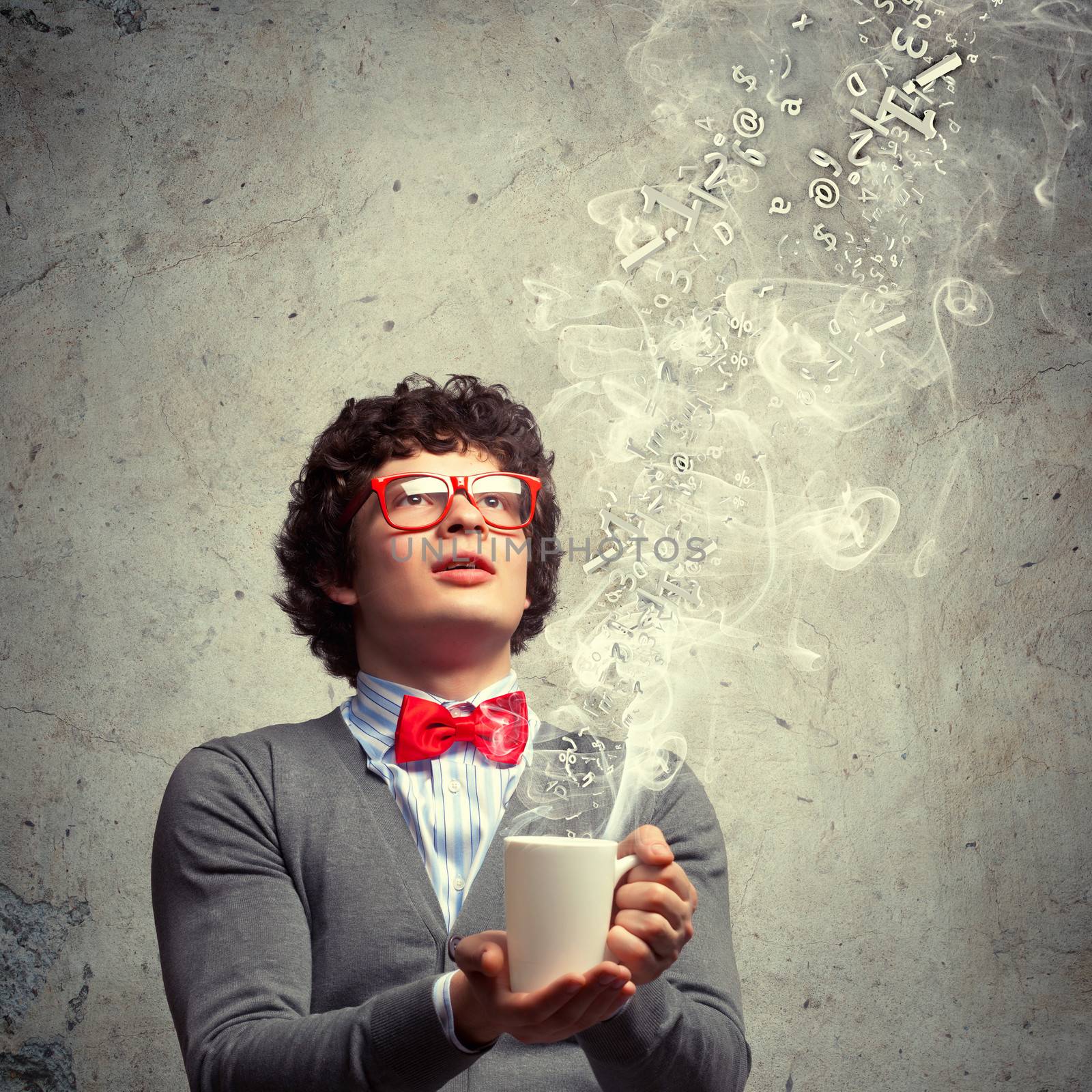 Young man with smoke coming out of cup by sergey_nivens