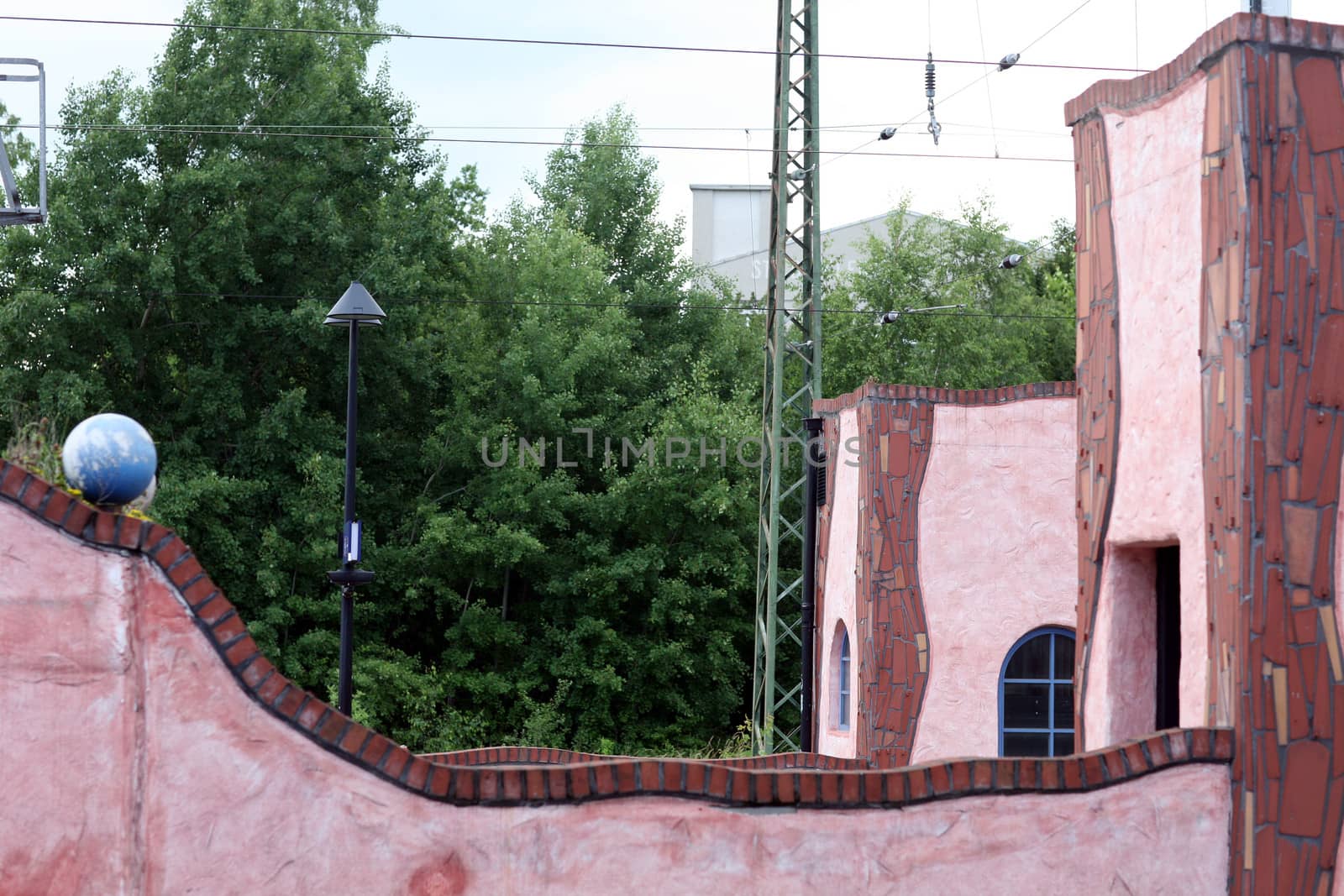 Detail of the German railway station at Uelzen constructed according to plans by the Austrian architect and artist Friedensreich Hundertwasser. Landmark. Public building. Uelzen, 21 June 2013