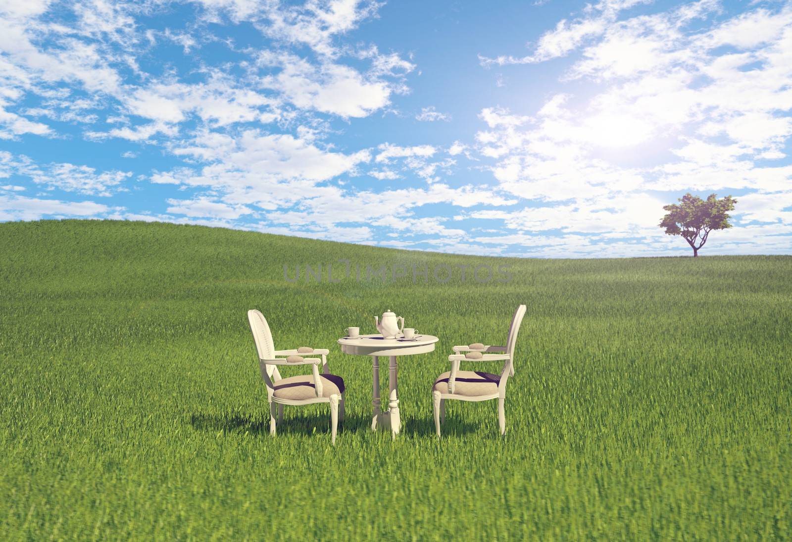 table and chairs on the meadow. 3d concept 