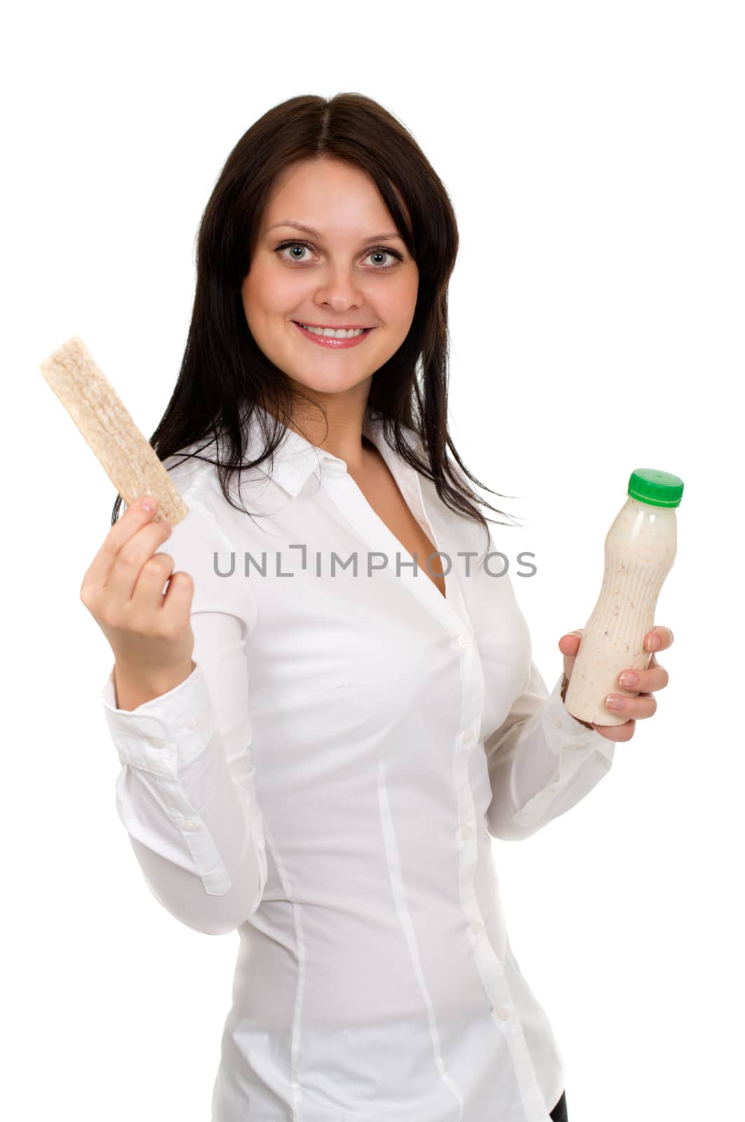 Beautiful girl with yogurt and crackers isolated on white