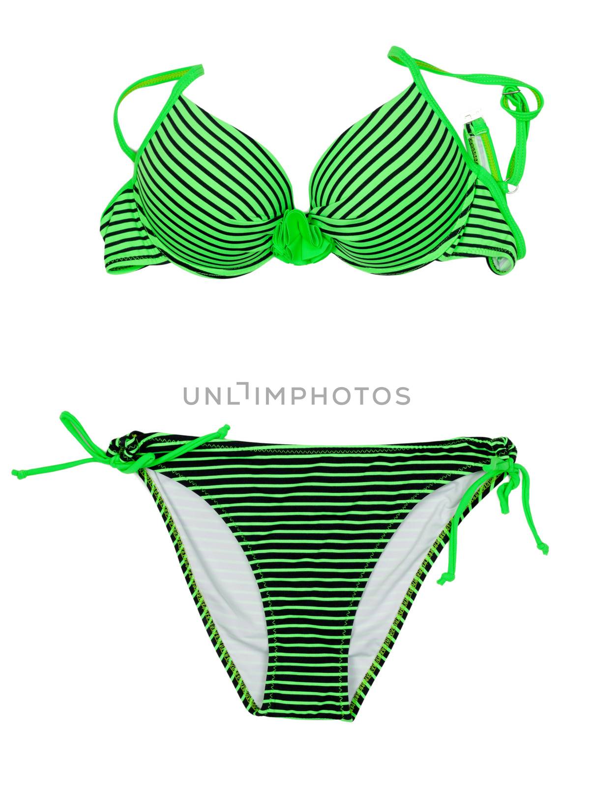 Green striped swimsuit. Isolate on white.