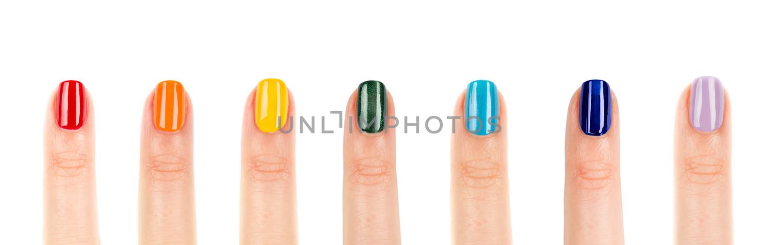 rainbow manicure, seven color nail polish