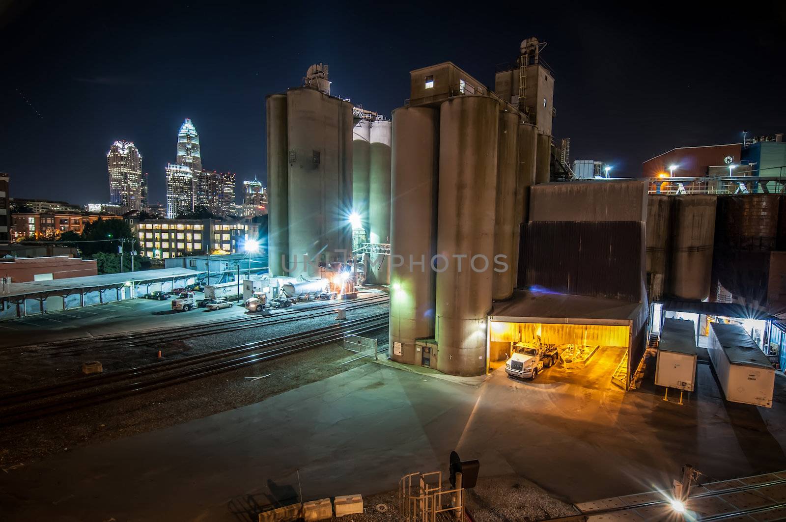 Charlotte City Skyline and architecture at night and milling factory