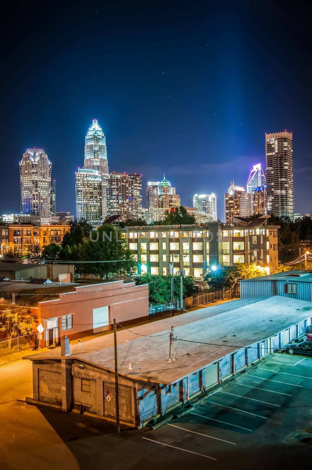 Charlotte City Skyline and architecture at night and milling factory