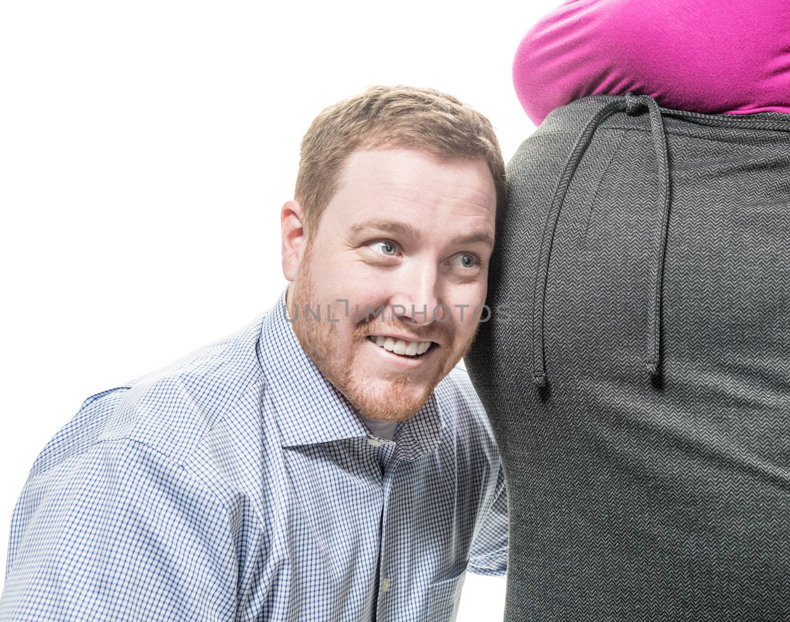 Excited man and belly of pregnant woman, isolated on white background.
