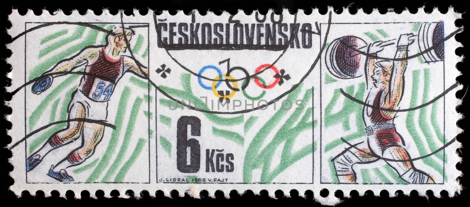 Stamp printed by Czechoslovakia, shows Olympics, table tennis and weightlifting by atlas