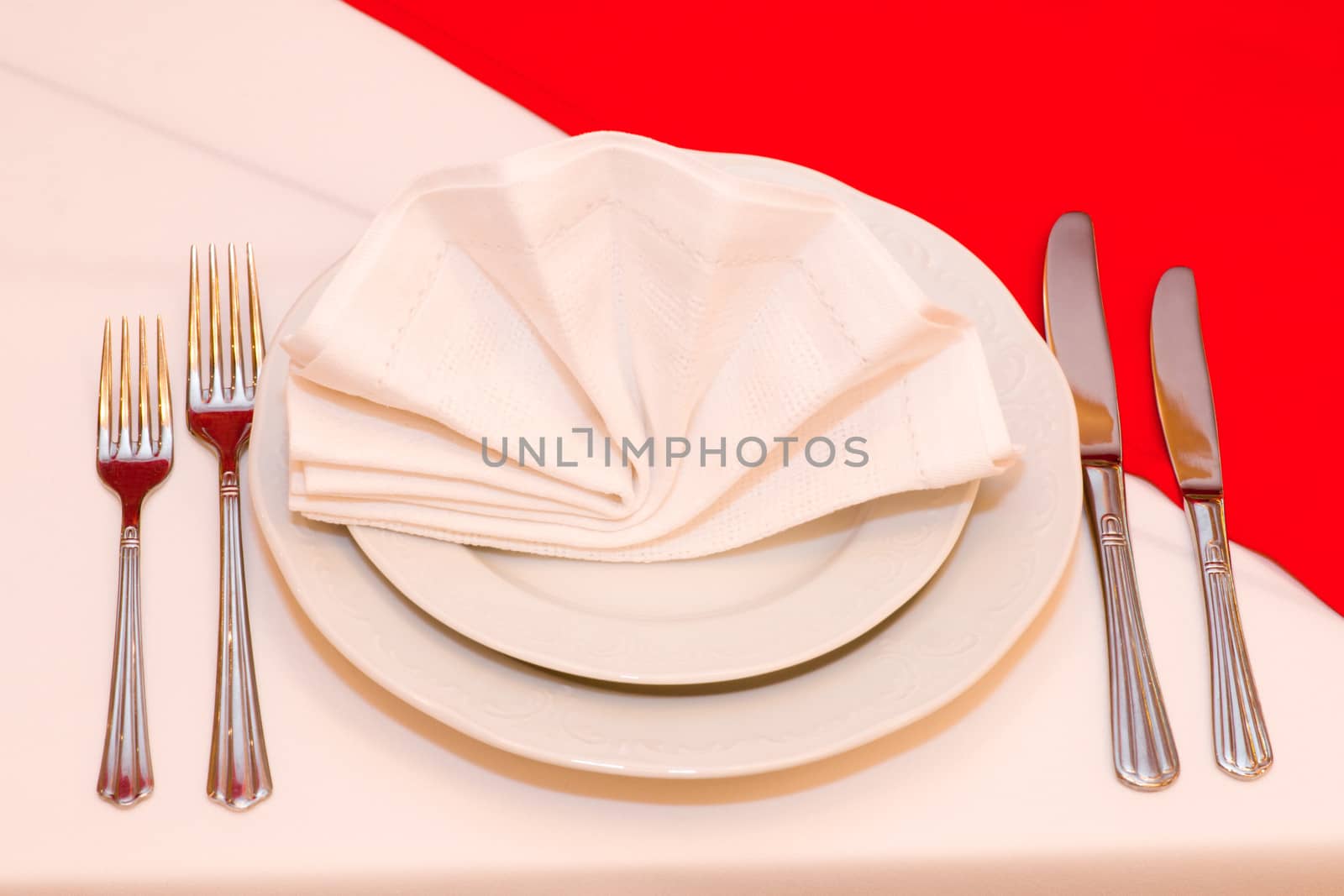 Restaurant. Dinner plate with napkin and a set of flatware.