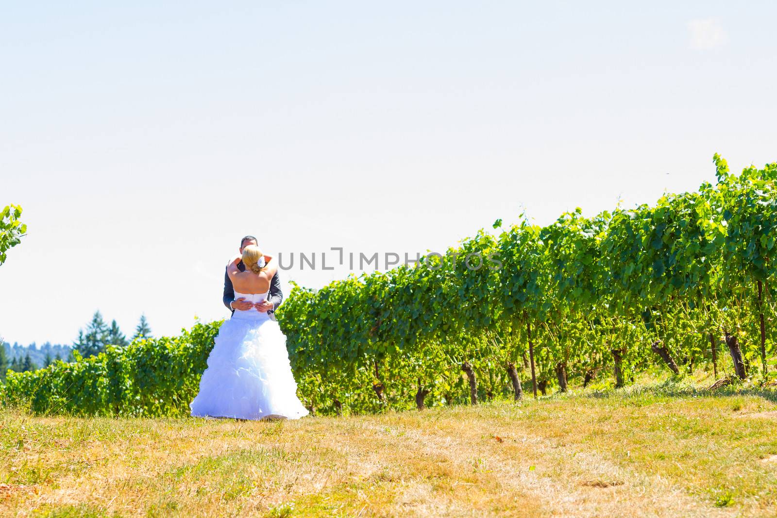 A man and woman share a first look moment as bride and groom outdoors at a winery vineyard in Oregon.