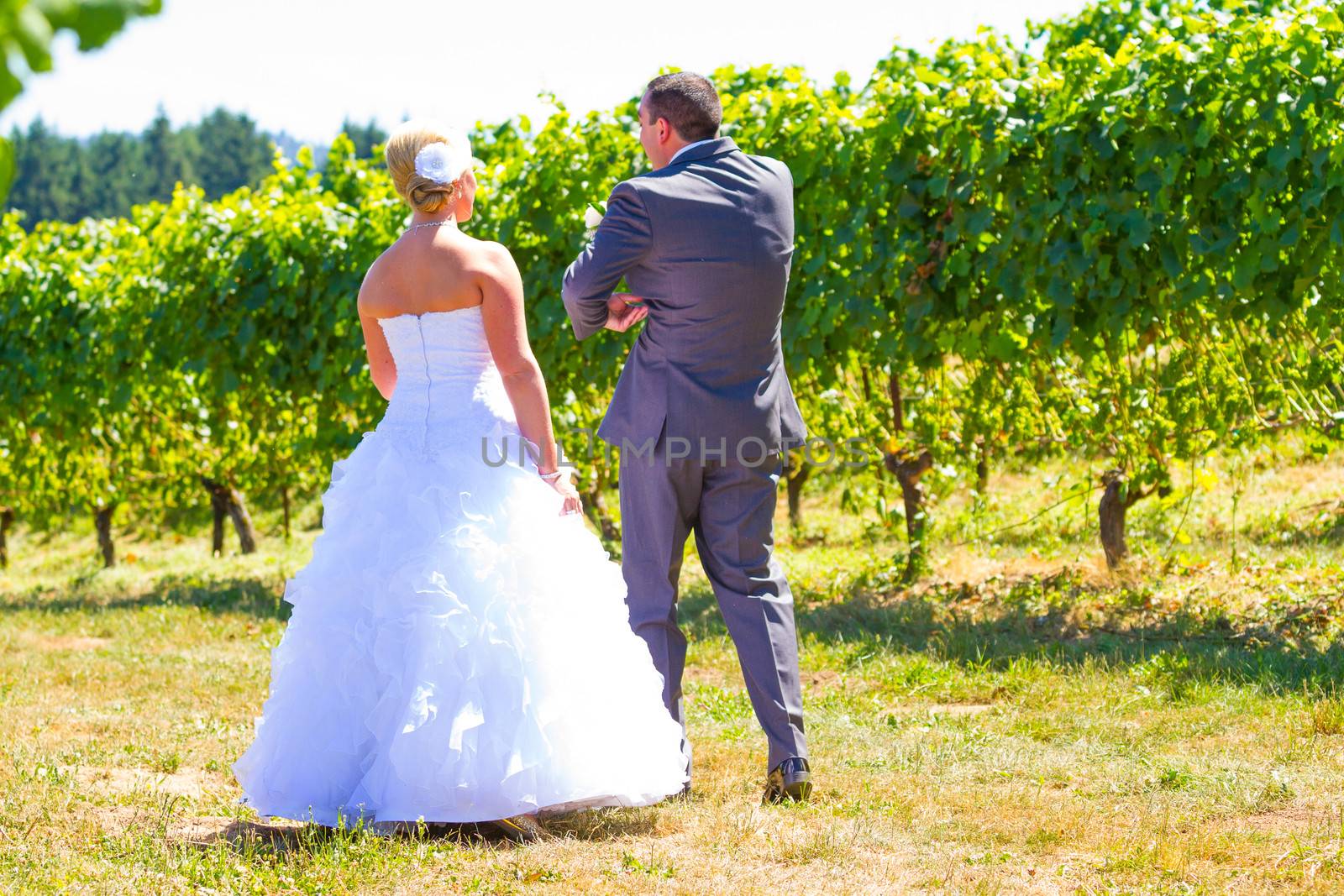 A man and woman share a first look moment as bride and groom outdoors at a winery vineyard in Oregon.