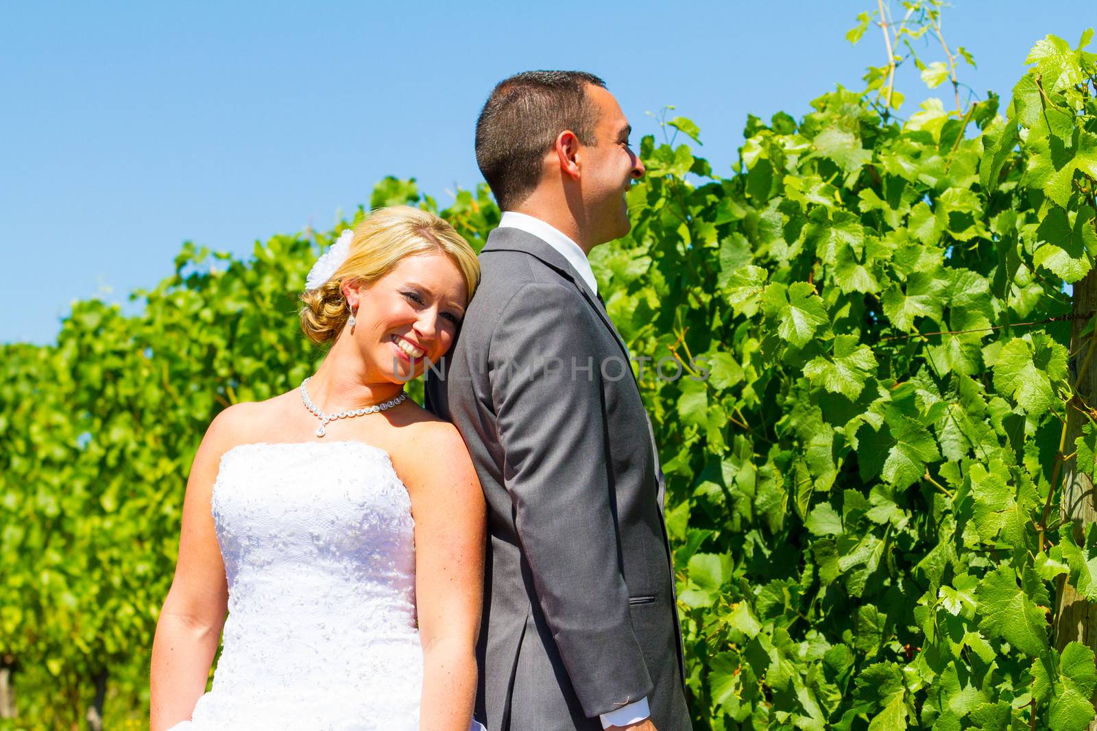 A bride and groom pose for portraits on their wedding day at a winery vineyard outdoors in oregon.