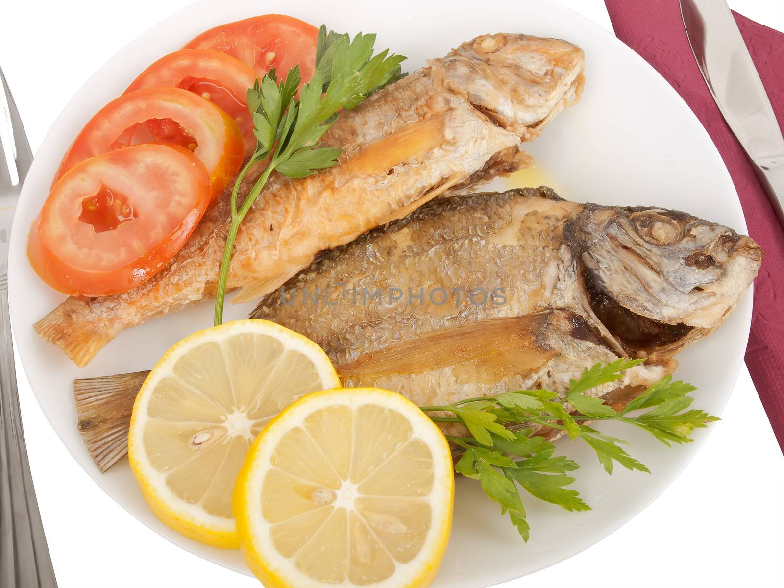 diplodus puntazzo and mullus surmuletus delicious grilled fishes with sliced tomato, lemon and parsley; all in olive oil  