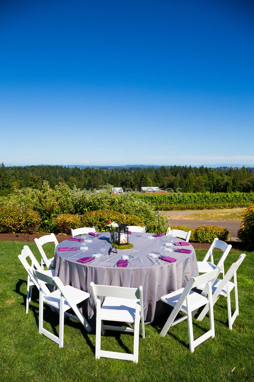 Tables, chairs, decor, and decorations at a wedding reception at an outdoor venue vineyard winery in oregon.