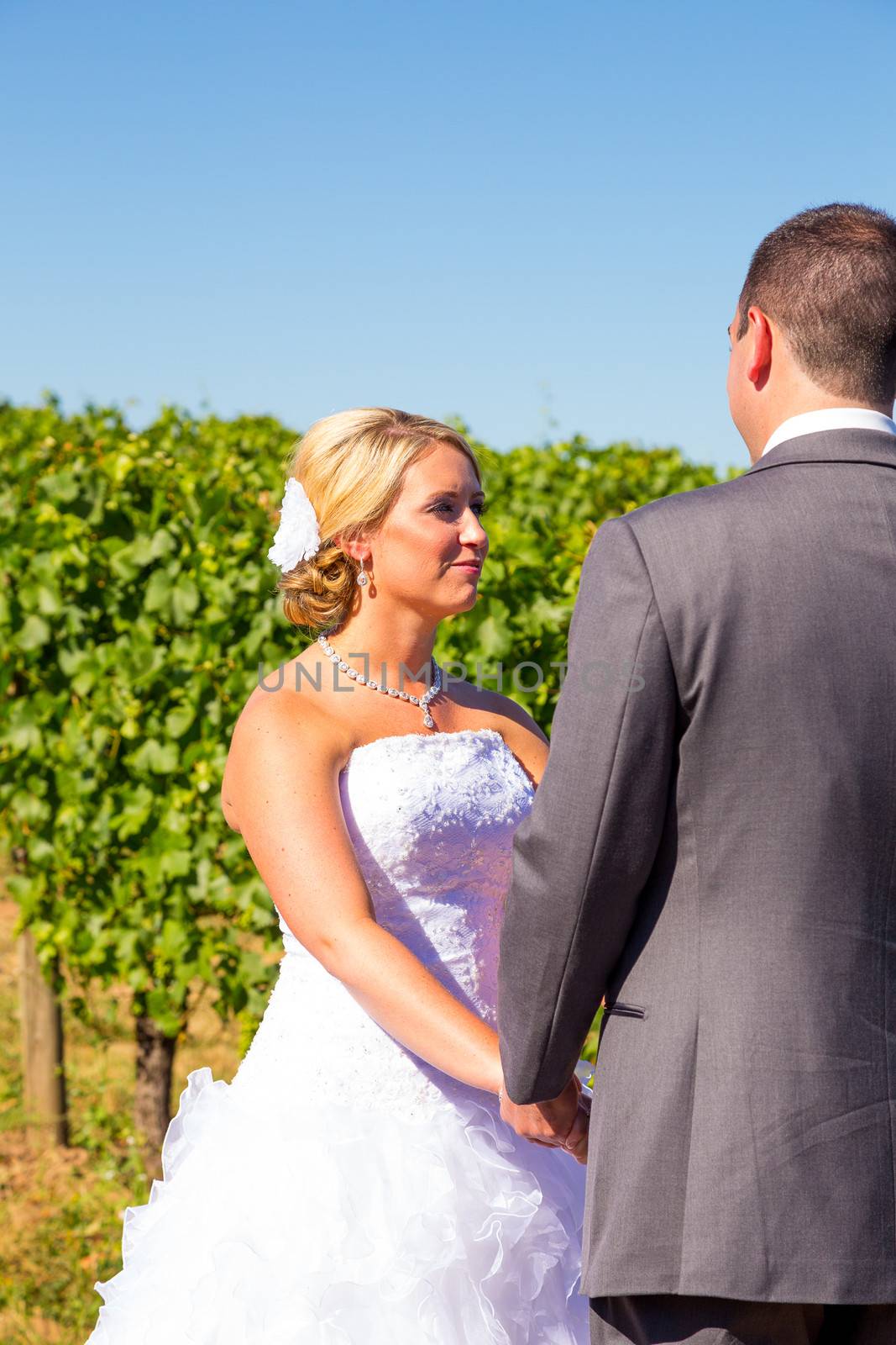 A bride and groom hold hands during their ceremony while saying their vows to one another.