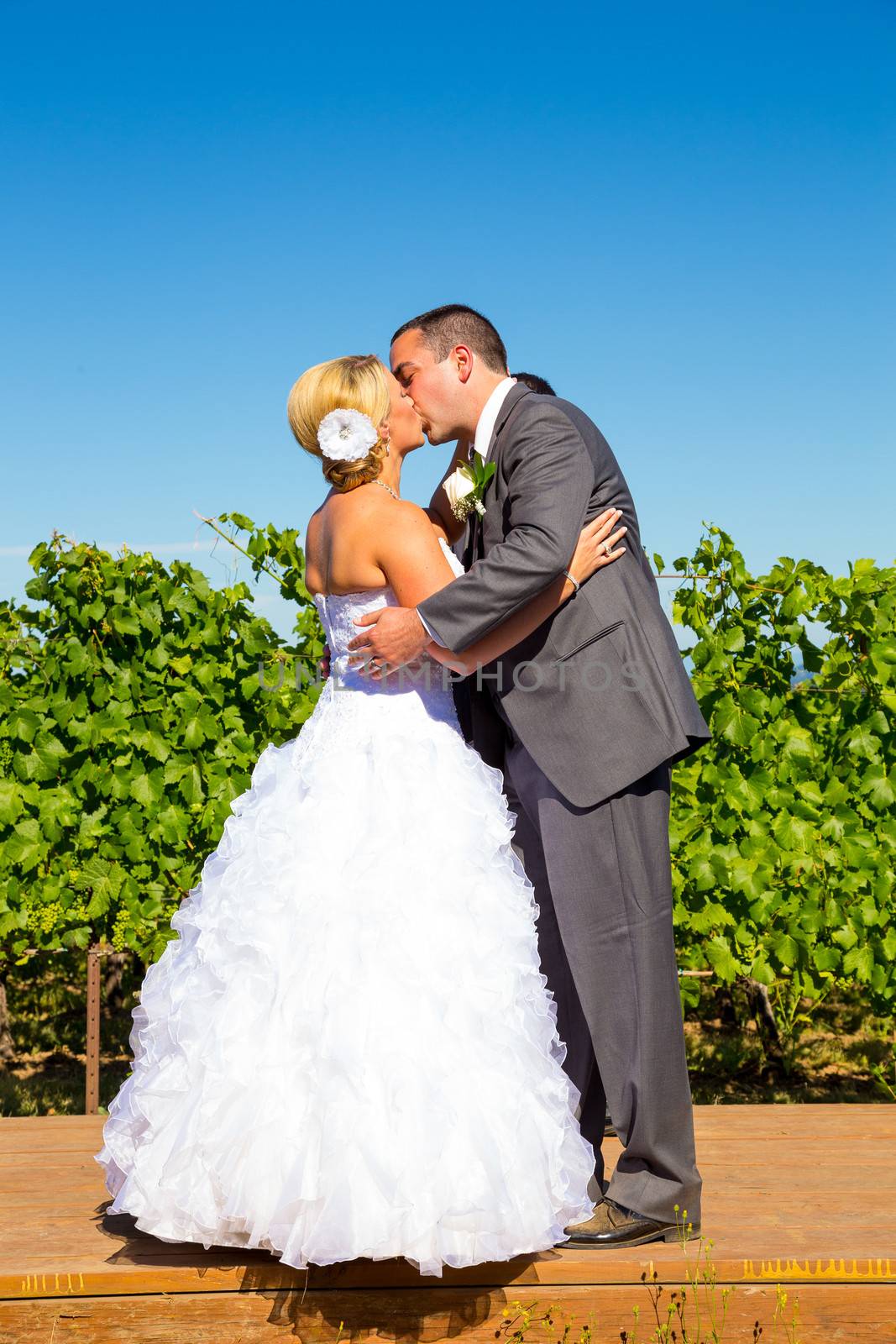 A bride and groom seal the deal with a kiss during their wedding day ceremony at a vineyard winery in Oregon.