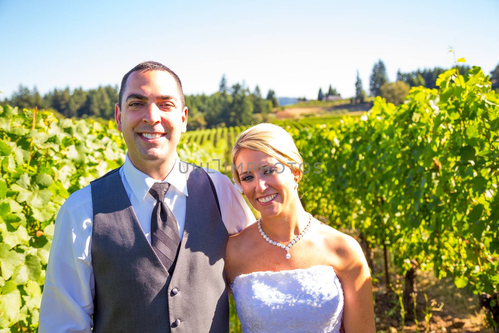 Portraits of a bride and groom outdoors in a vineyard at a winery in Oregon right after their ceremony and vows.