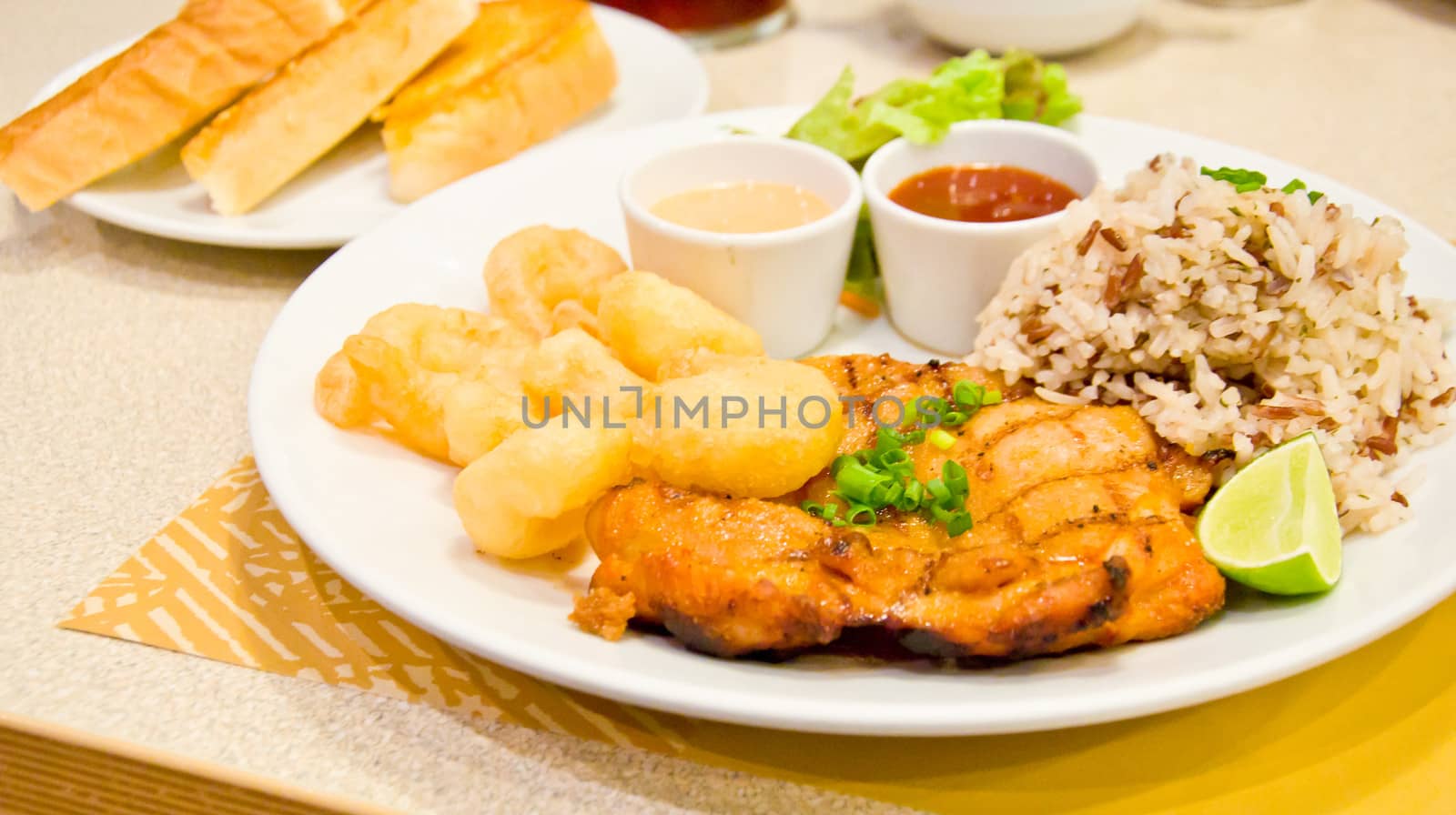 chicken steak and fried shrimp