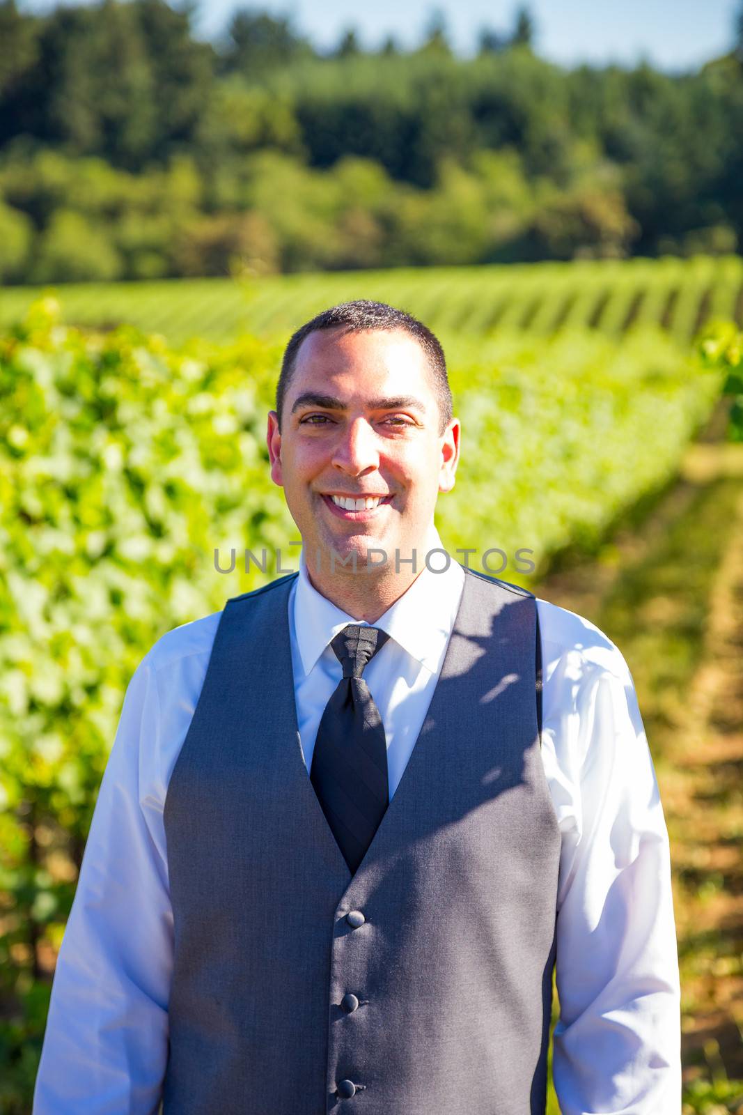 An attractive groom poses for a portrait on his happy wedding day outside at a winery vineyard in Oregon during the summer.