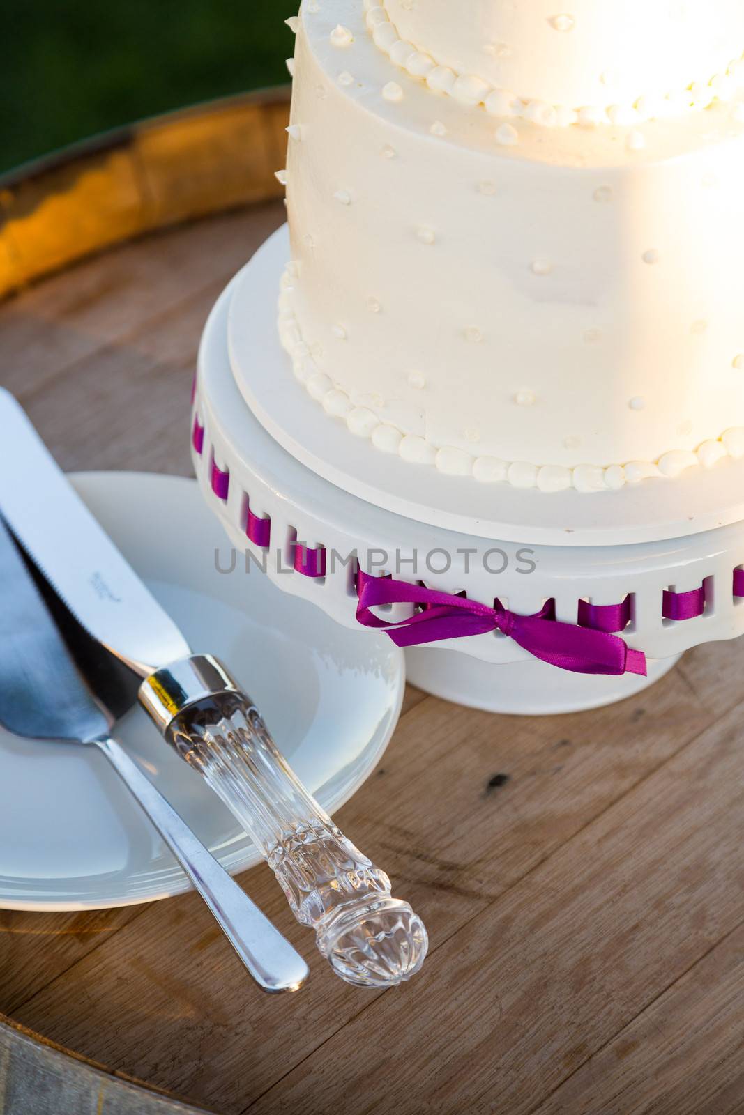 A wedding cake is ready to be cut at a reception on the bride and groom wedding day.