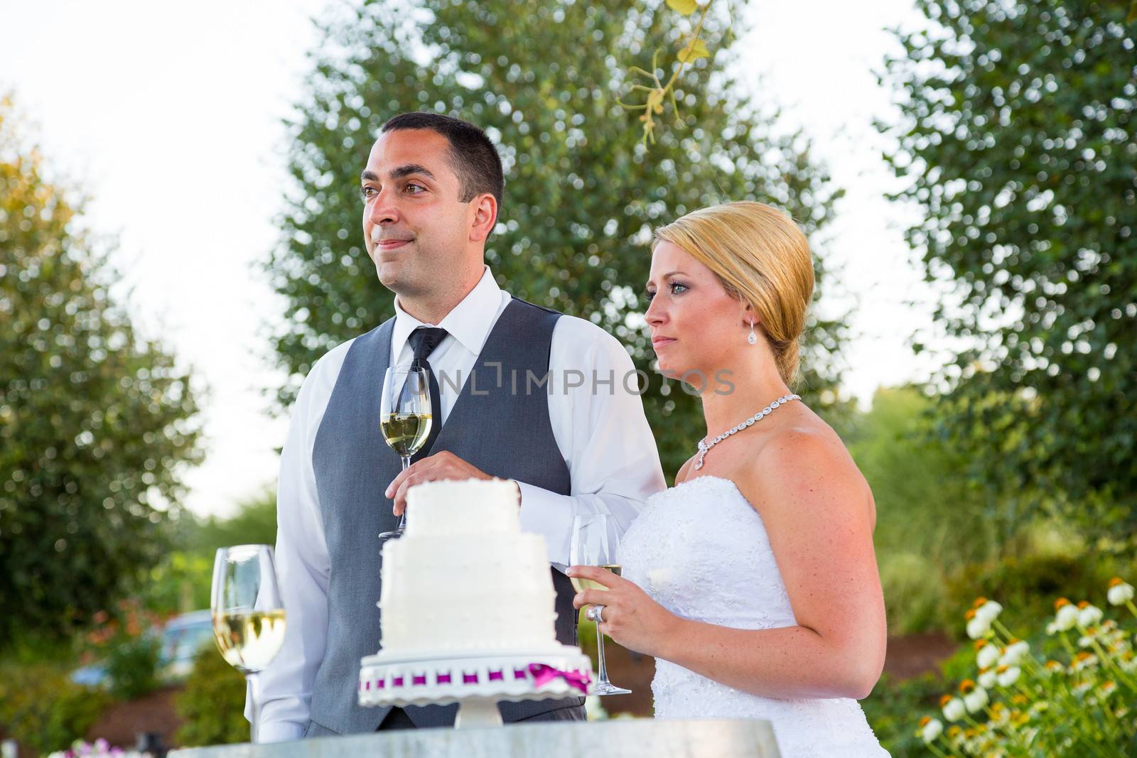 A bride and groom share a moment together while the best man and maid of honor toast them at their wedding reception.