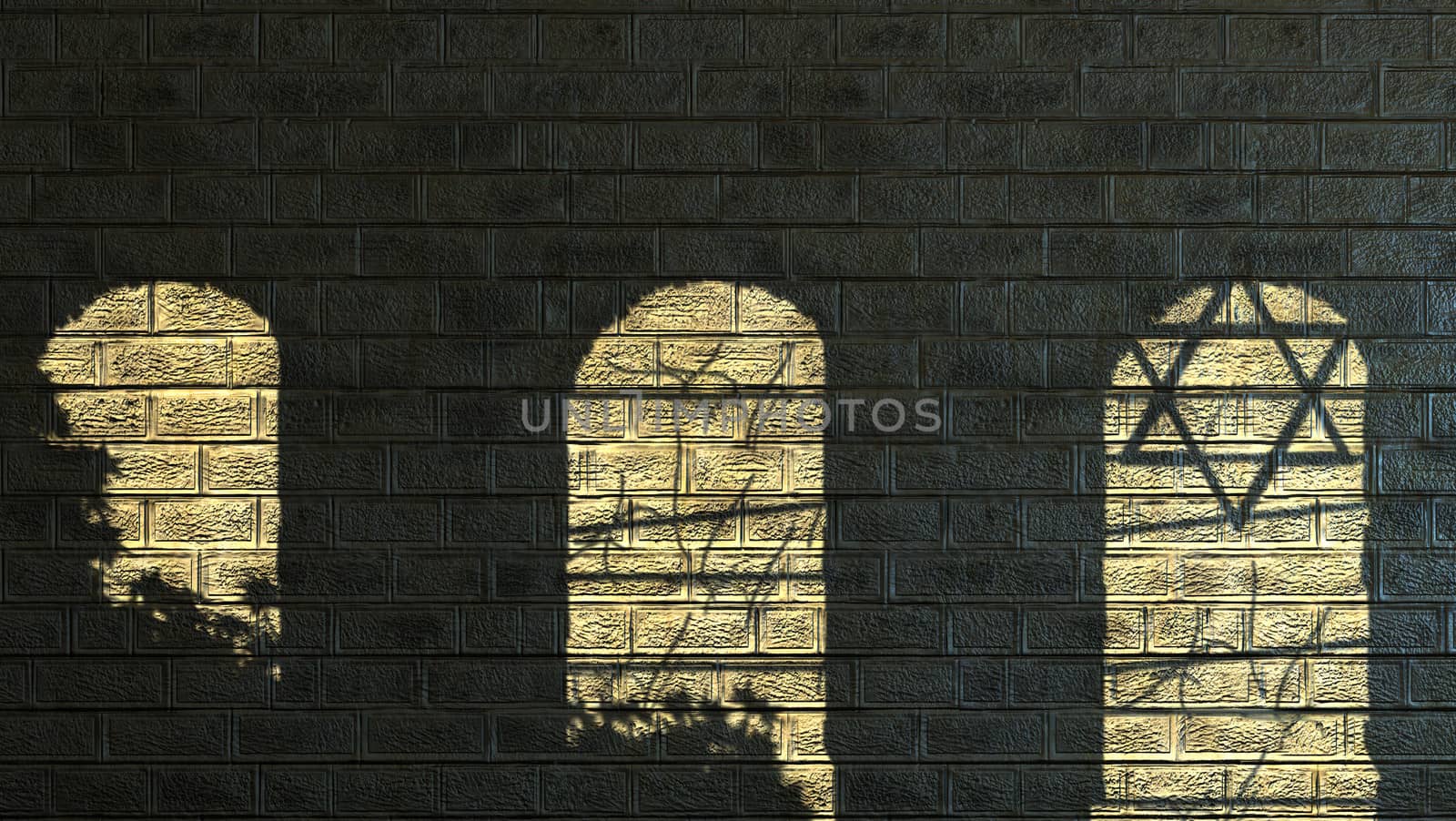 ancient stone wall with shadows and religion symbol