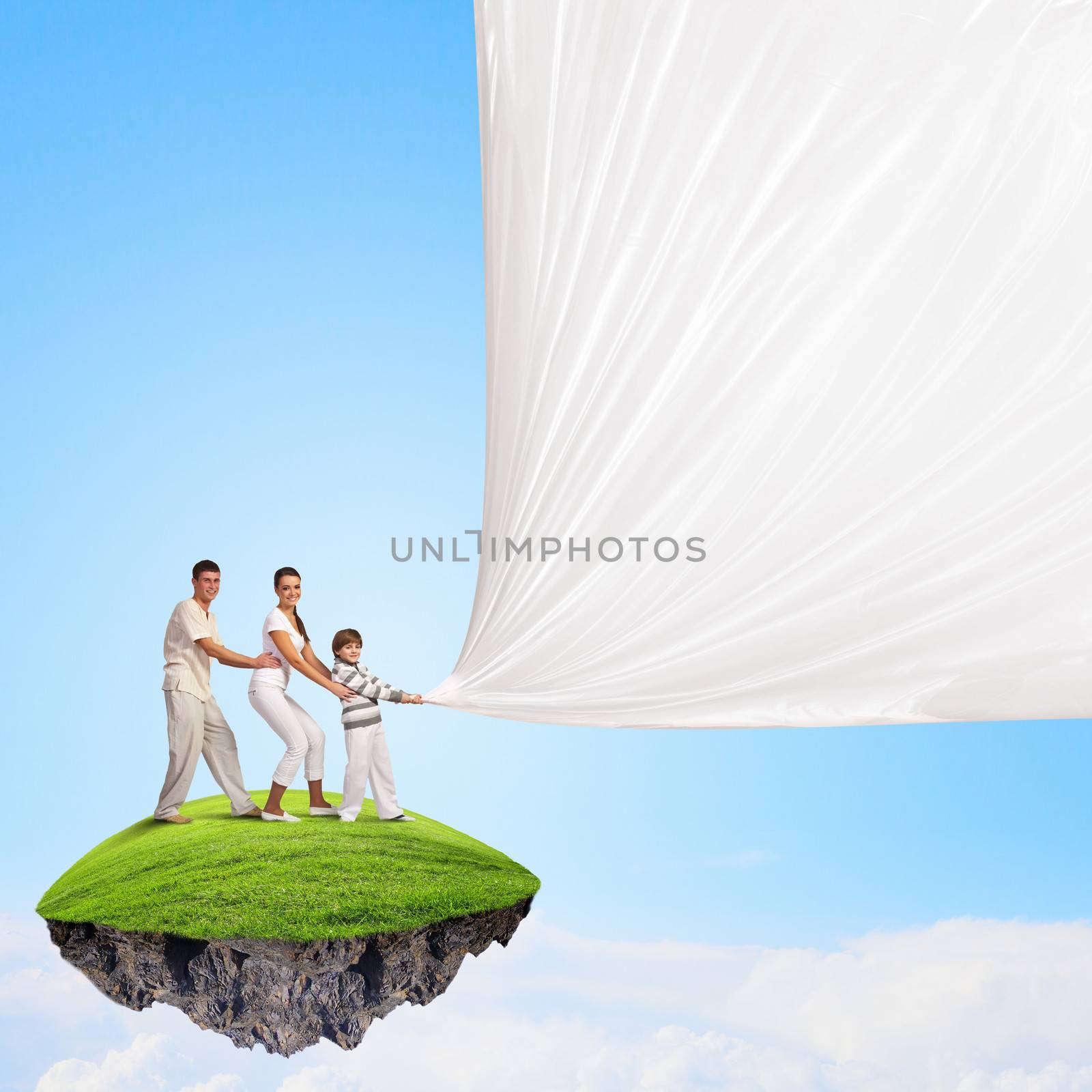 Young family pulling banner by sergey_nivens