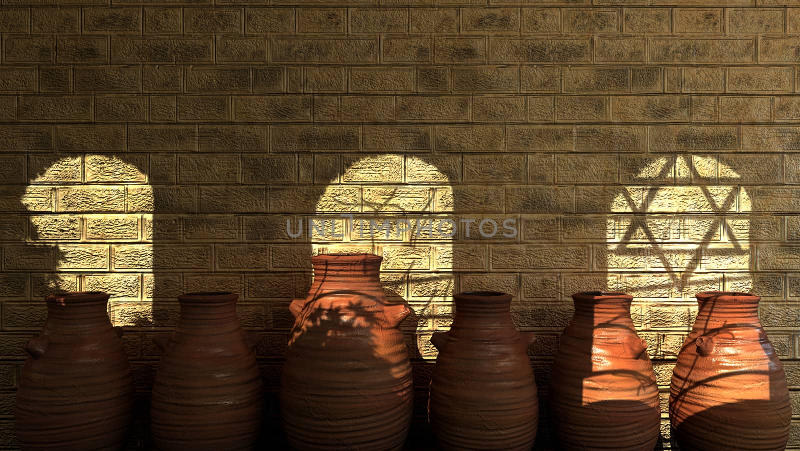 ancient stone wall with shadows, pitchers and religions symbols by denisgo