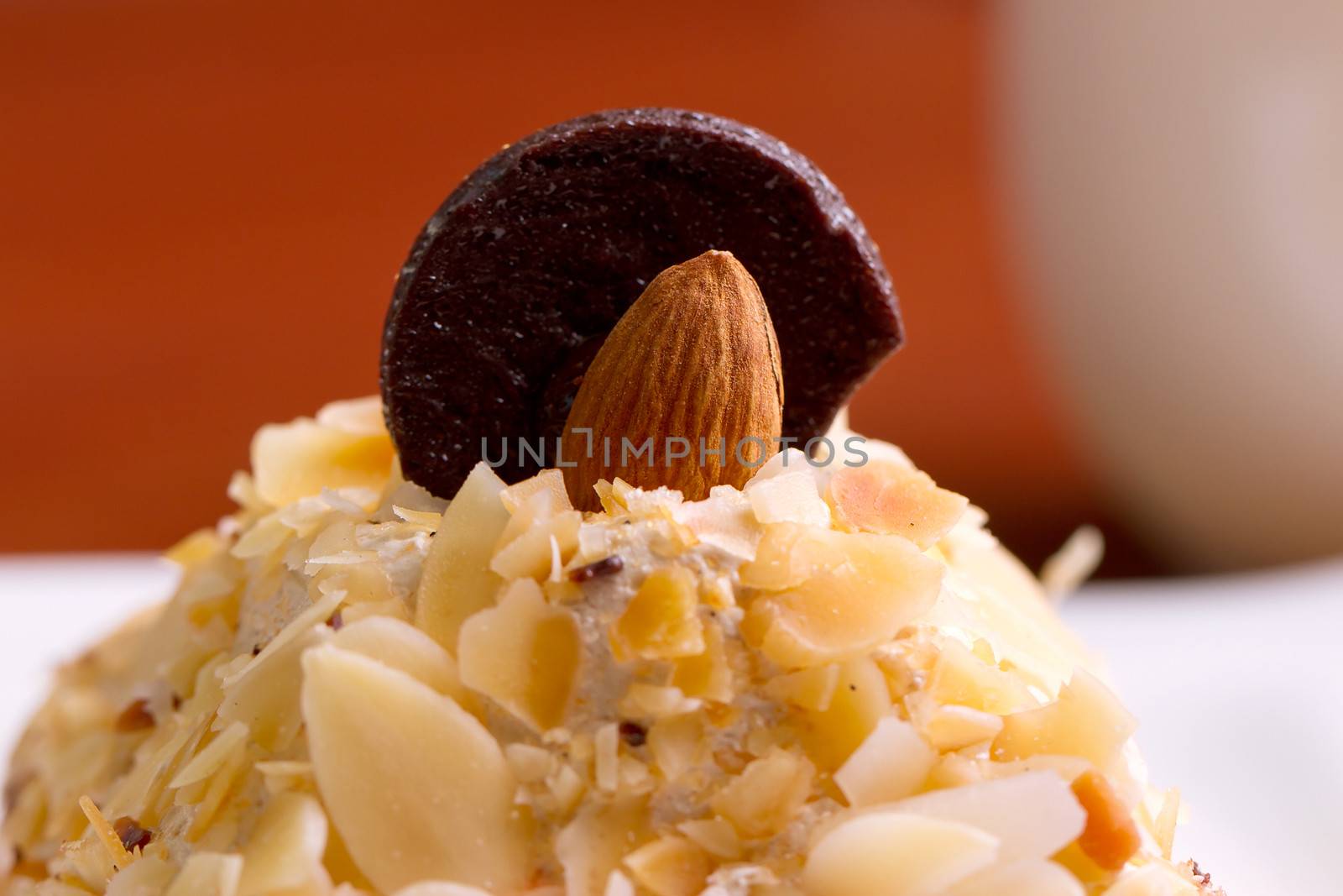 close up of almonds on cake