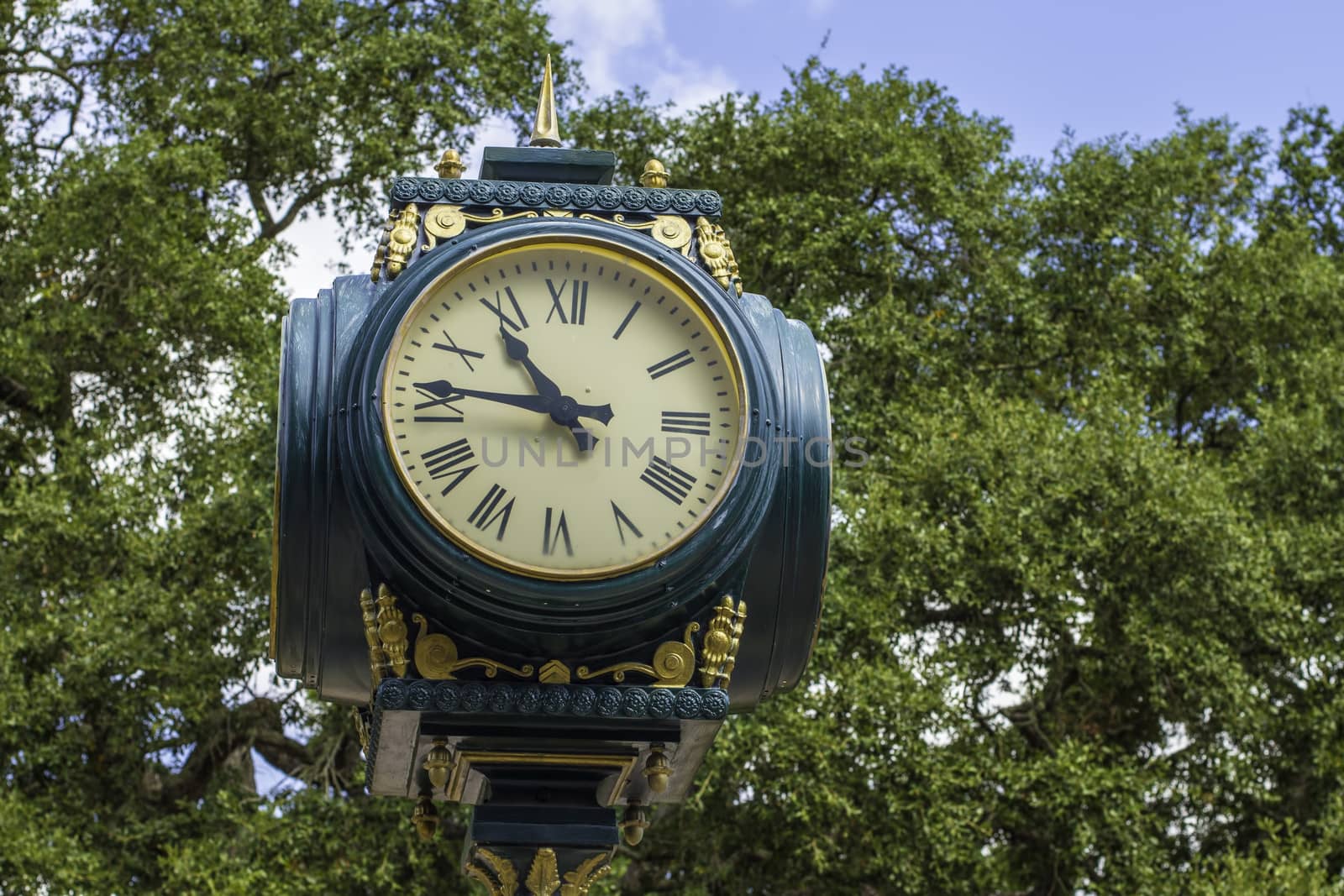 A vintage clock with four sides sitting among a group of trees.