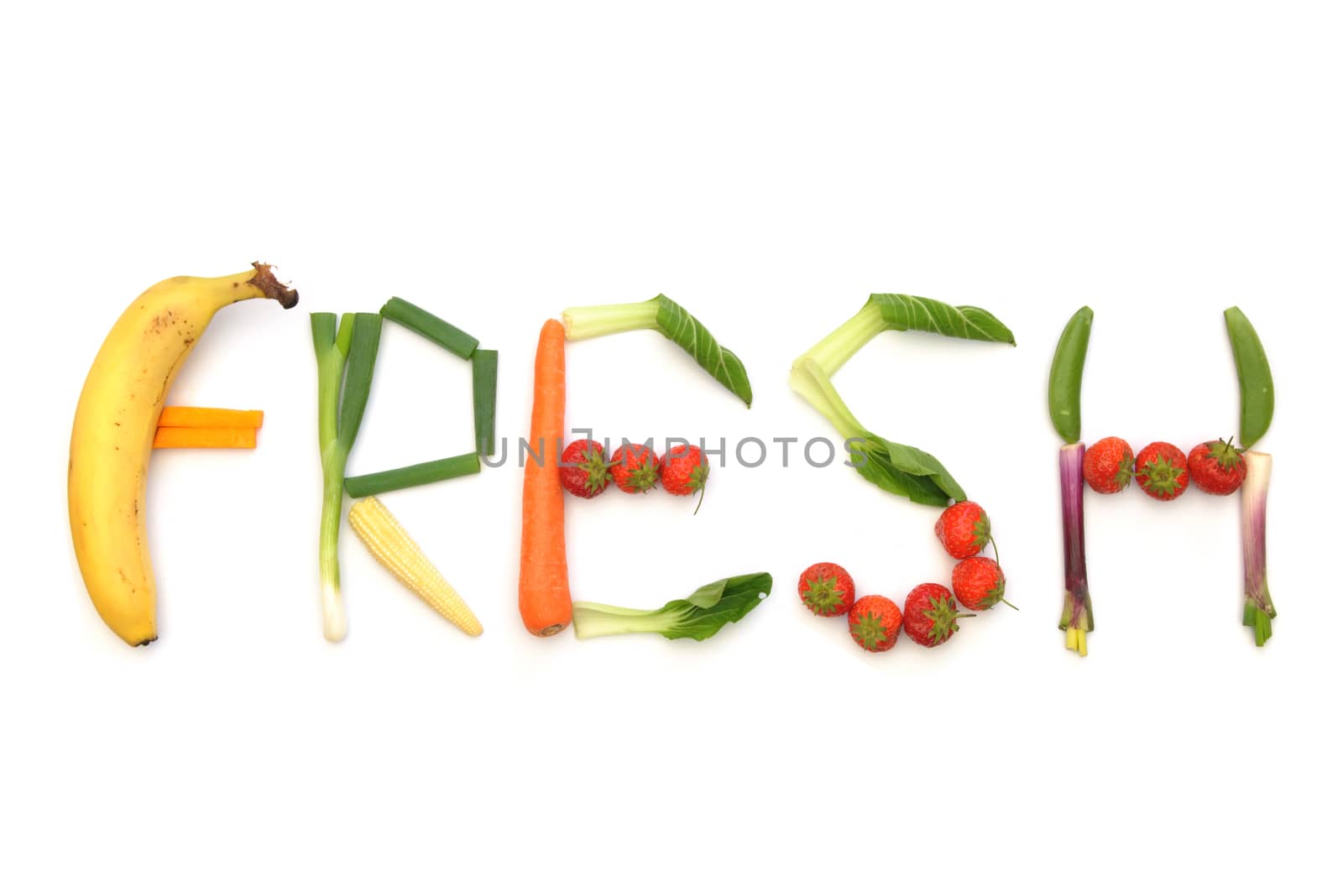 The word fresh written using fruits and vegetables 