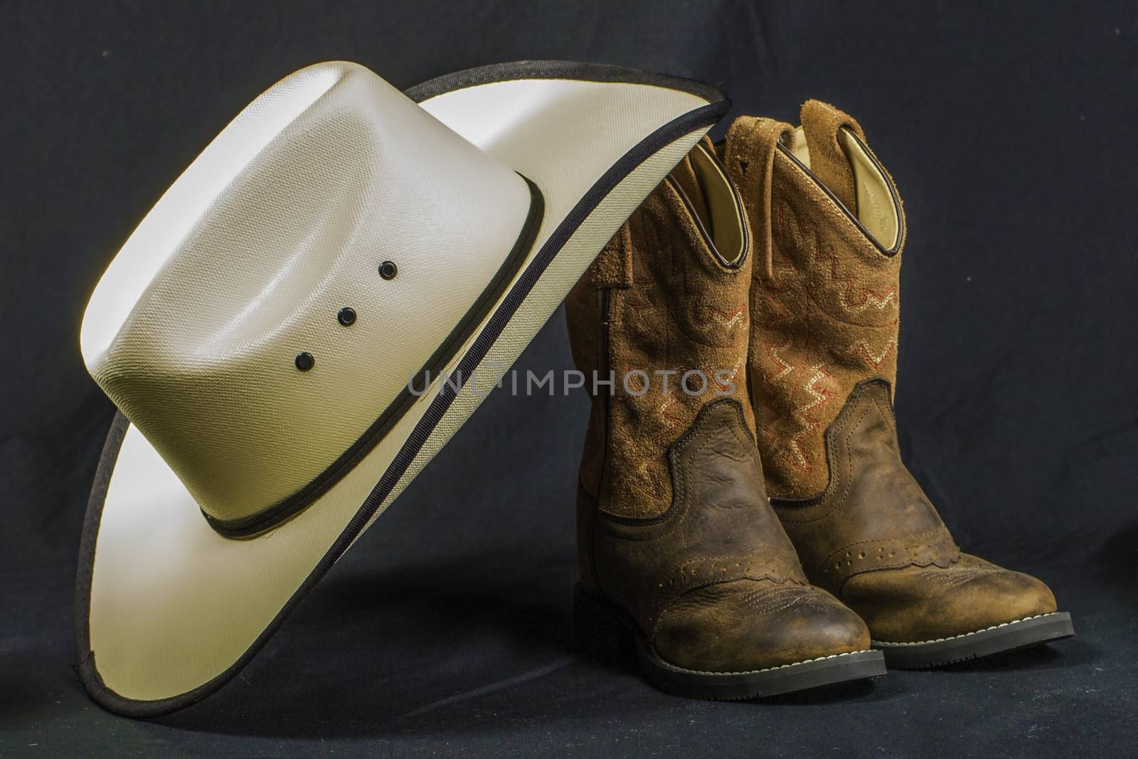 A close shot of a pair of boots and a cowboy hat.