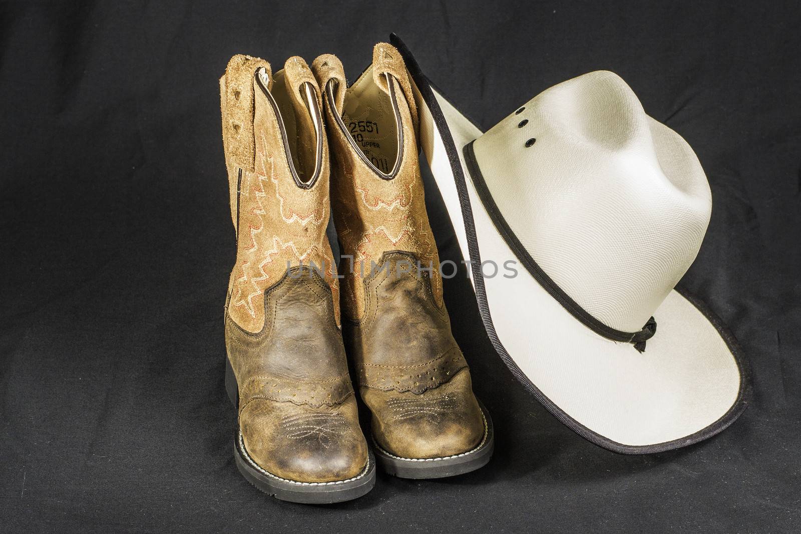 A close shot of a pair of boots and a cowboy hat.