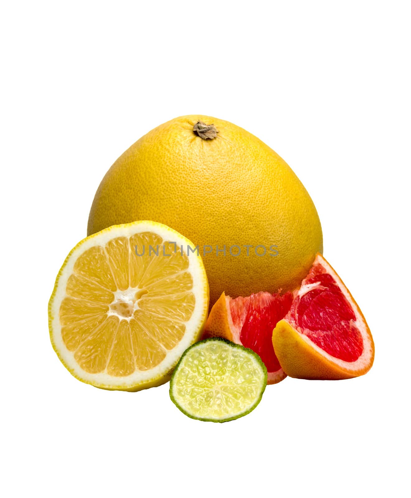 Fruits on a white background: orange, grapefruit, pamela, lime
