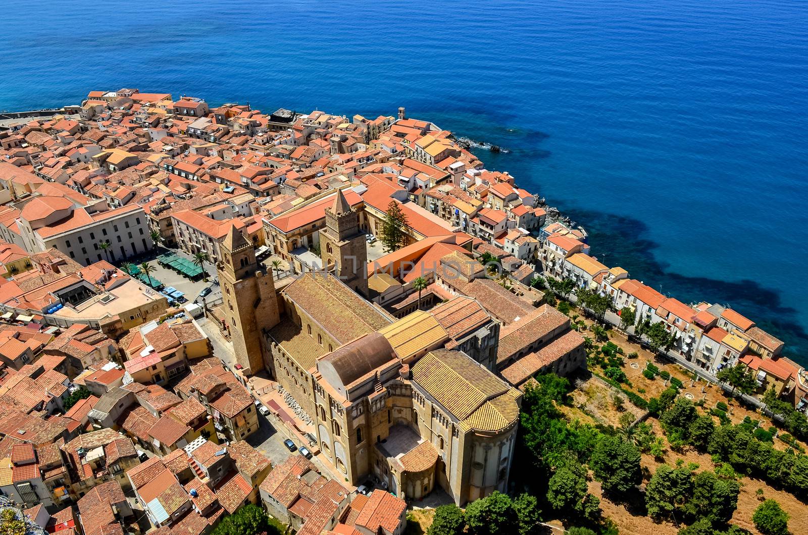 Aerial view of village and cathedral in Cefalu, Sicily by martinm303